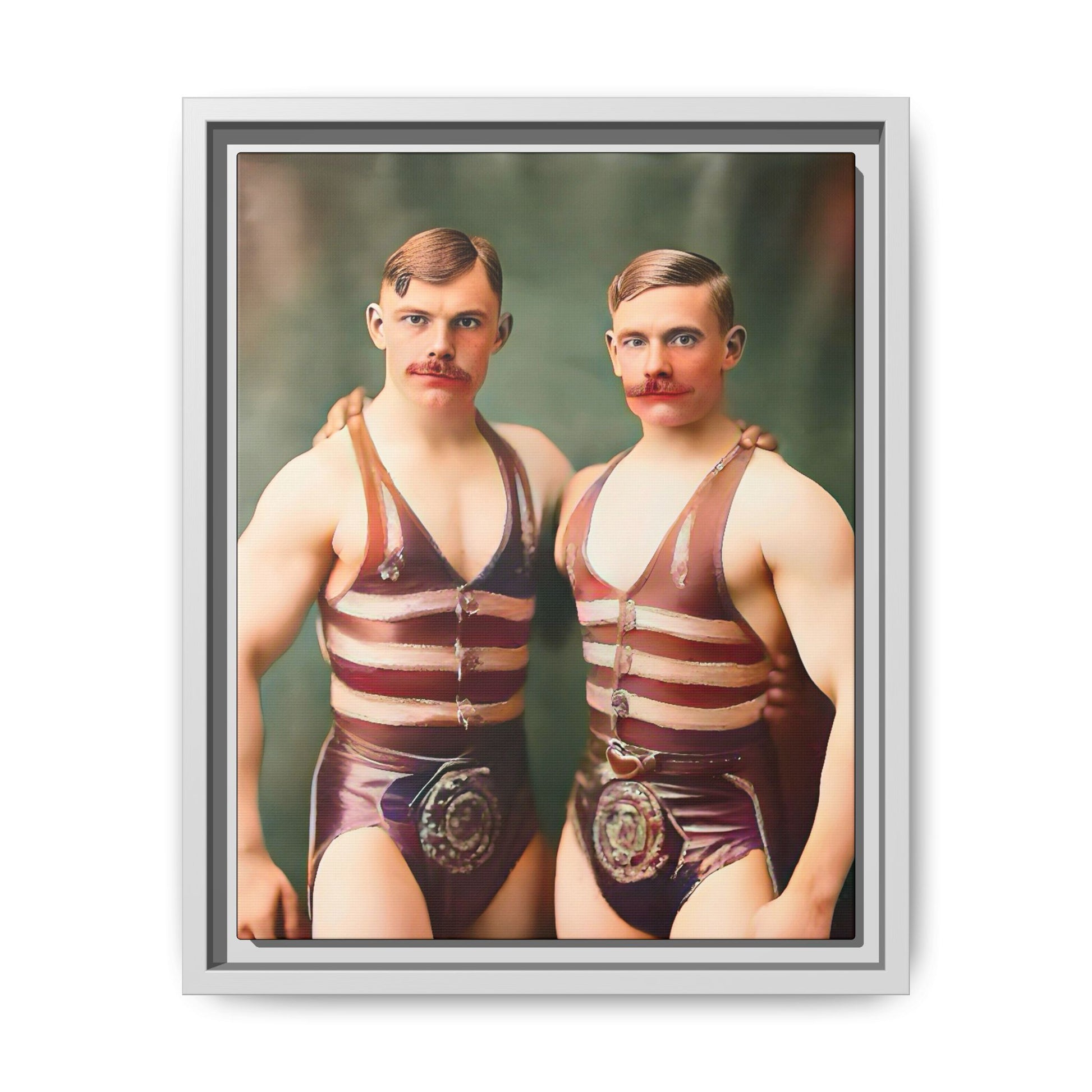 Restored early 1900s vintage photograph of Oscar and Herman in Pittsburgh, Pennsylvania, wearing striped singlets. Framed matte canvas art celebrating love, strength, and LGBTQ+ history. Gay Circus Couple Performers