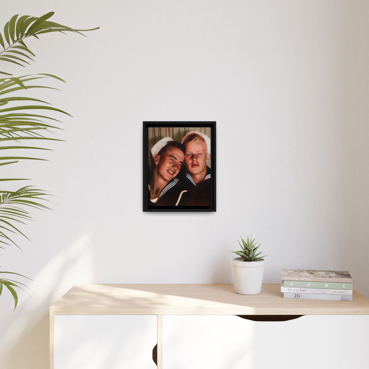 A framed vintage sailor portrait on matte canvas featuring Ray and Clyde in Newport, Rhode Island, capturing timeless LGBTQ+ love and companionship. Gay Couple Photo Booth
