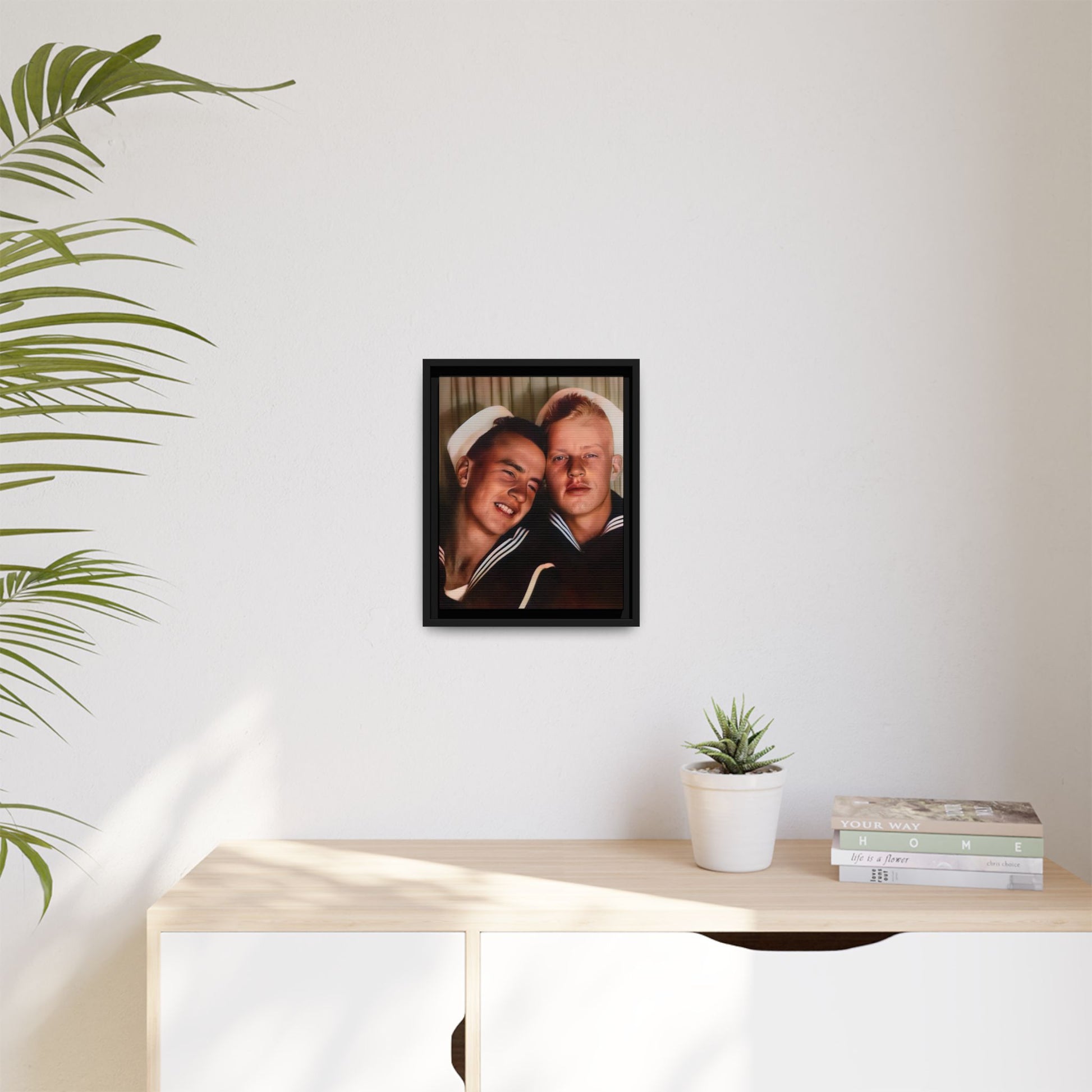 A framed vintage sailor portrait on matte canvas featuring Ray and Clyde in Newport, Rhode Island, capturing timeless LGBTQ+ love and companionship. Gay Couple Photo Booth
