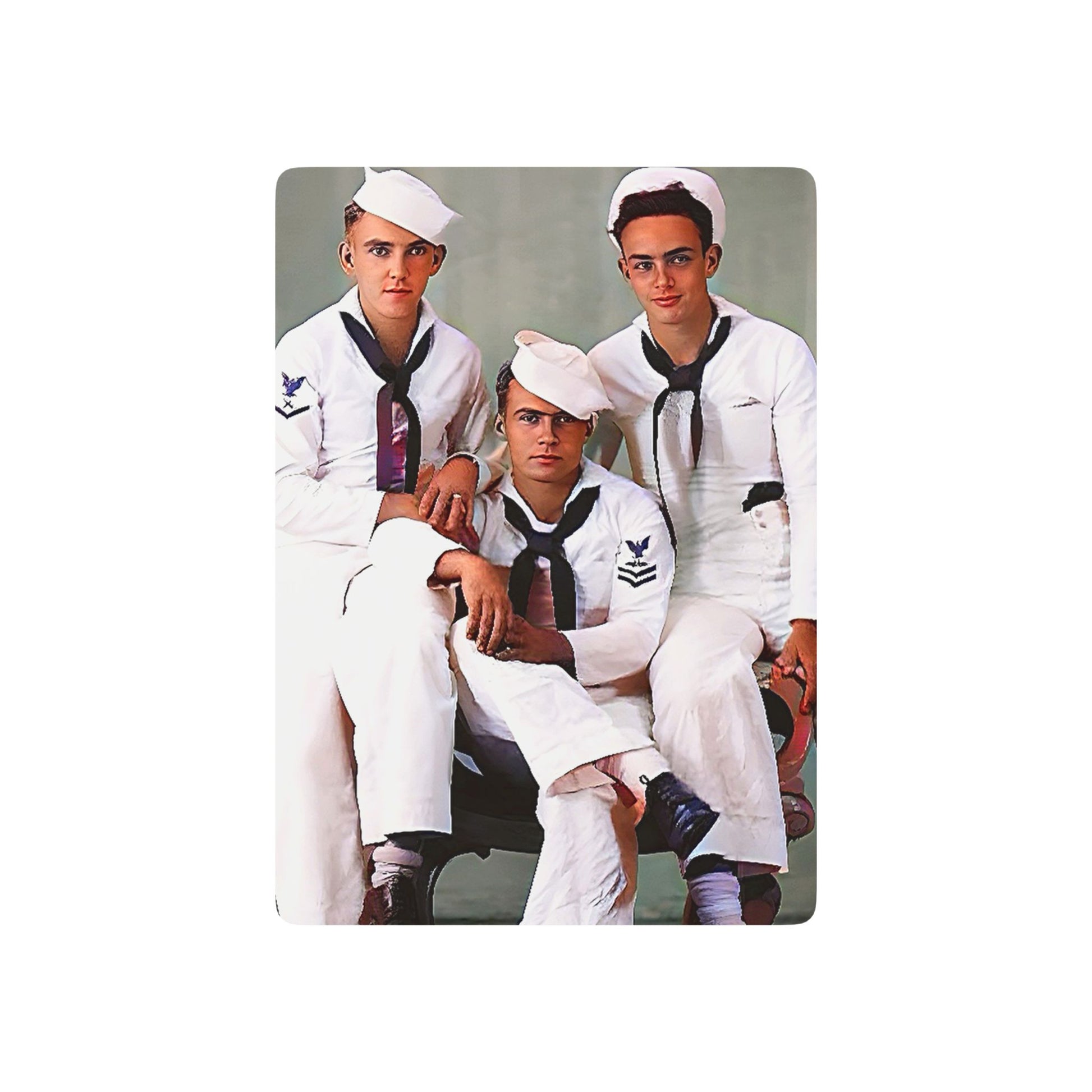 Vintage poker cards with a restored photo of three sailors in Navy uniforms, celebrating LGBTQ+ military history.