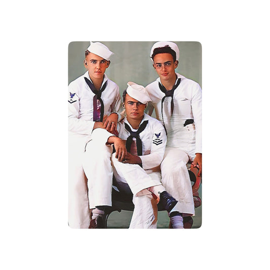 Vintage poker cards with a restored photo of three sailors in Navy uniforms, celebrating LGBTQ+ military history.