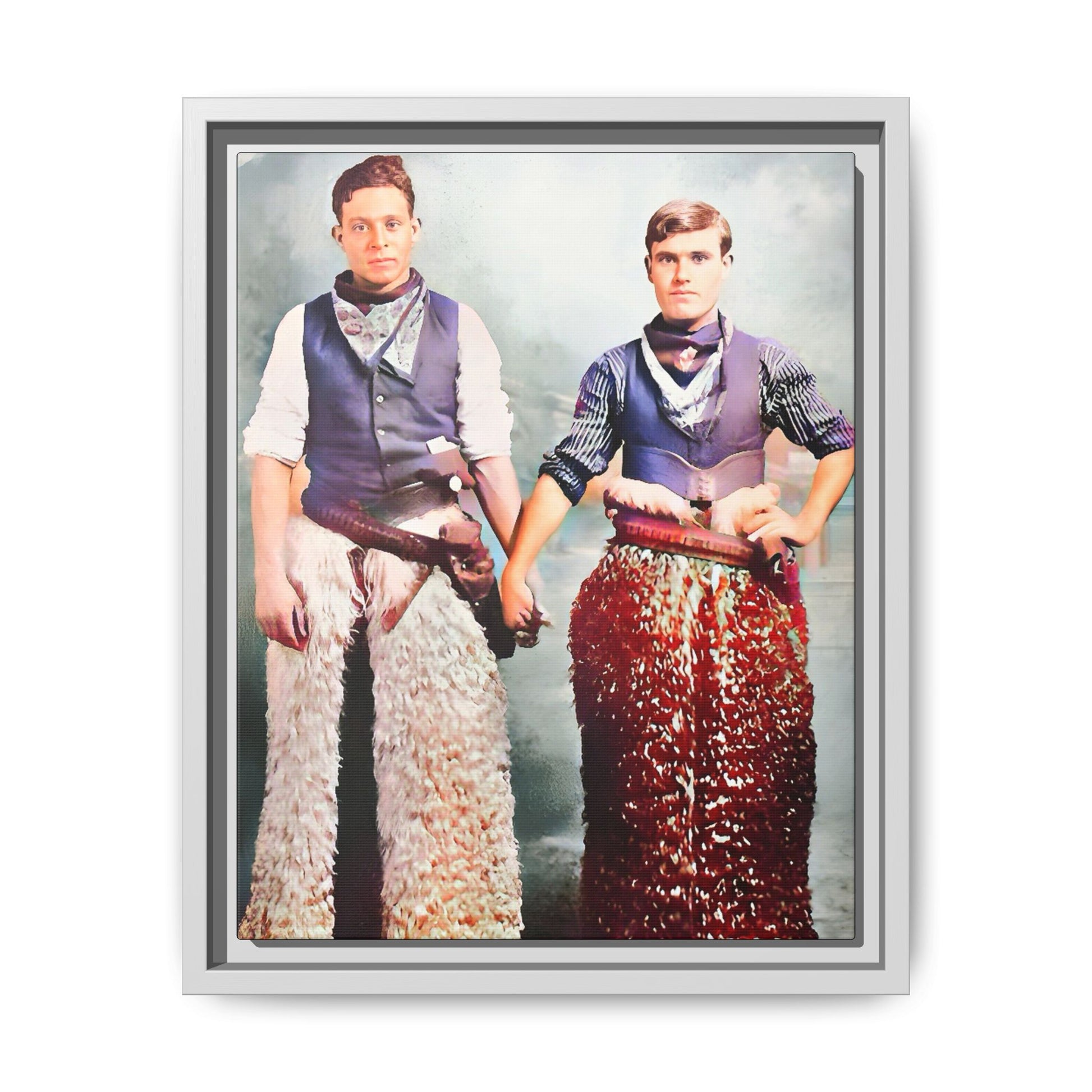 Restored colorized vintage photo of two cowboys, Kline & Autry, holding hands in Carson City, early 20th century. Gay Couple