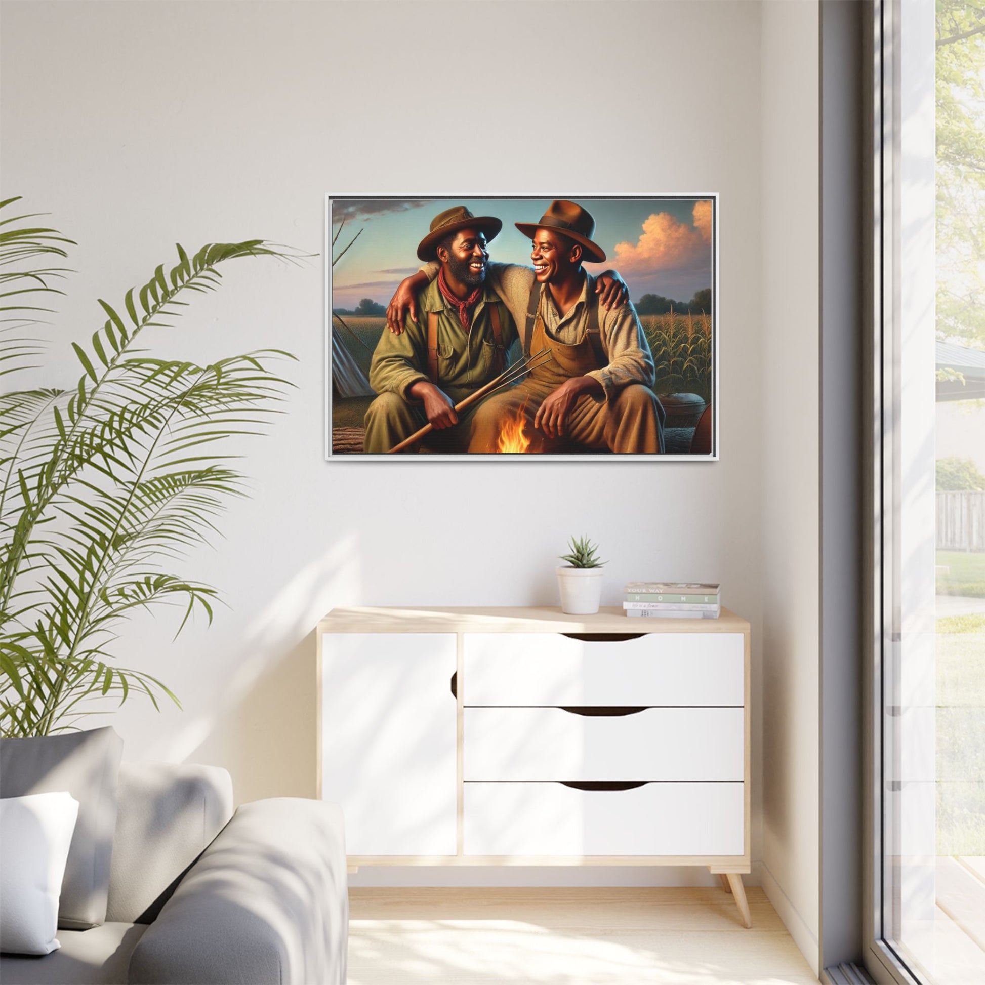 Artwork of an older African-American queer couple sharing a warm, joyful moment by a campfire in rural Iowa. Set against vast fields and an open sky, the scene captures love, resilience, and the nostalgic beauty of Americana, with firelight illuminating their laughter and companionship