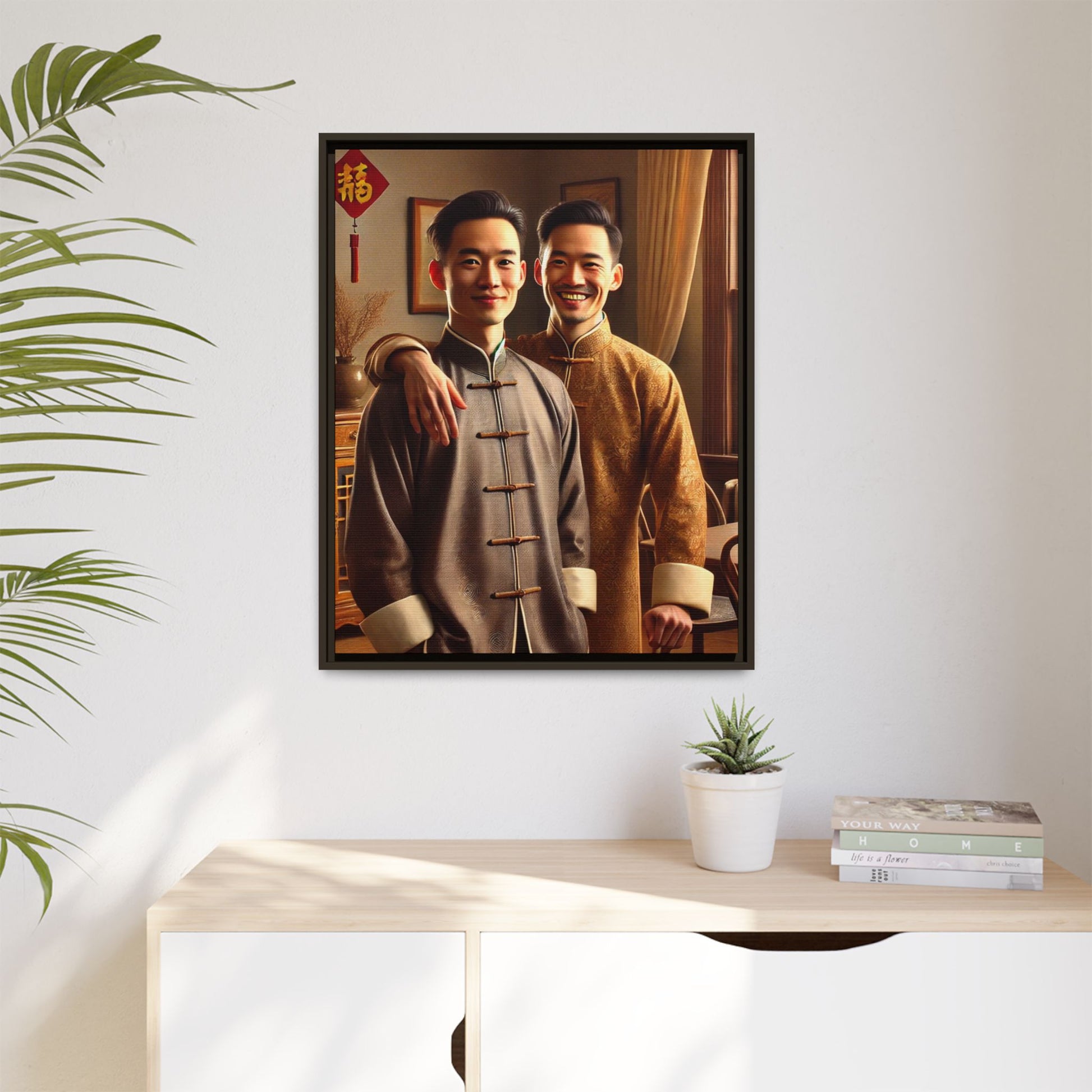 Artwork featuring a joyful portrait of a Chinese queer couple celebrating Chinese New Year in traditional attire. Set in a cozy American home adorned with subtle decorations, this image captures love, cultural pride, and warmth, blending Chinese heritage with a Midwestern setting