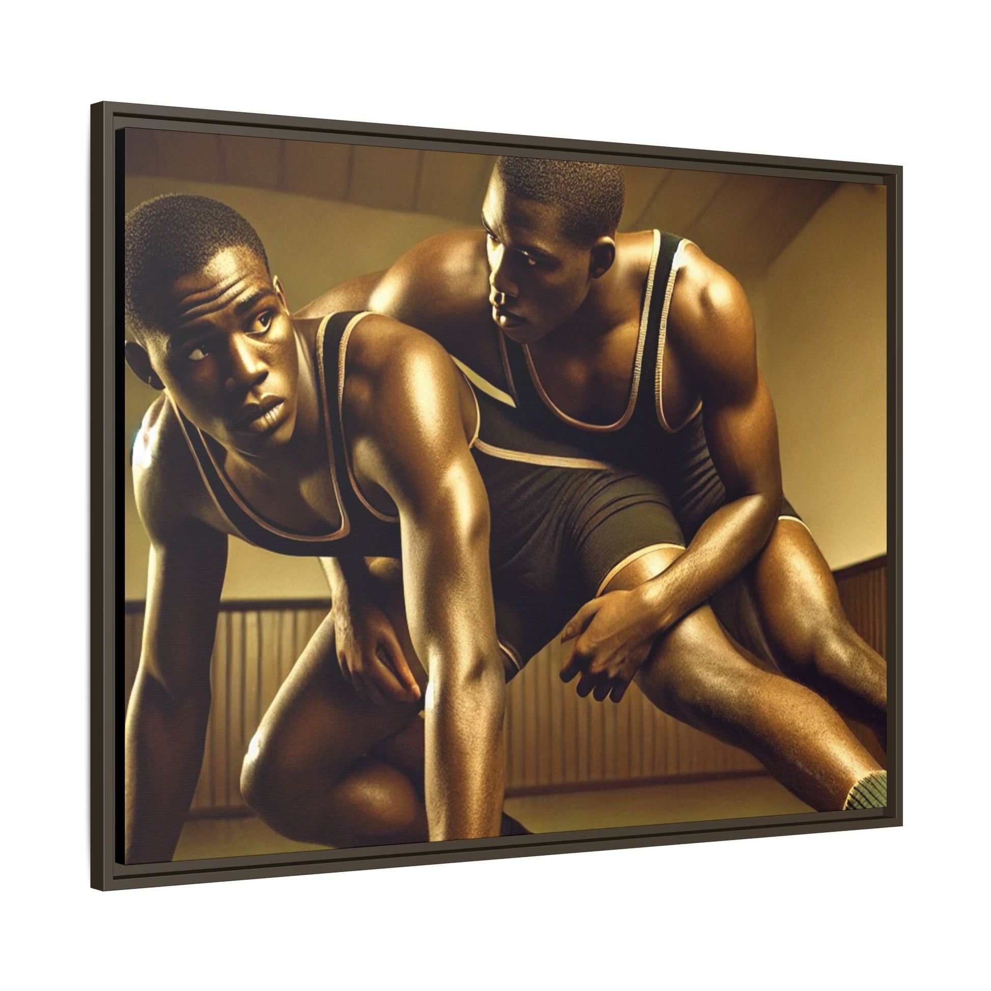 Framed artwork inspired by Grant Wood, showcasing African-American wrestlers in a vintage gymnasium setting. A powerful tribute to teamwork, resilience, and regionalist art.