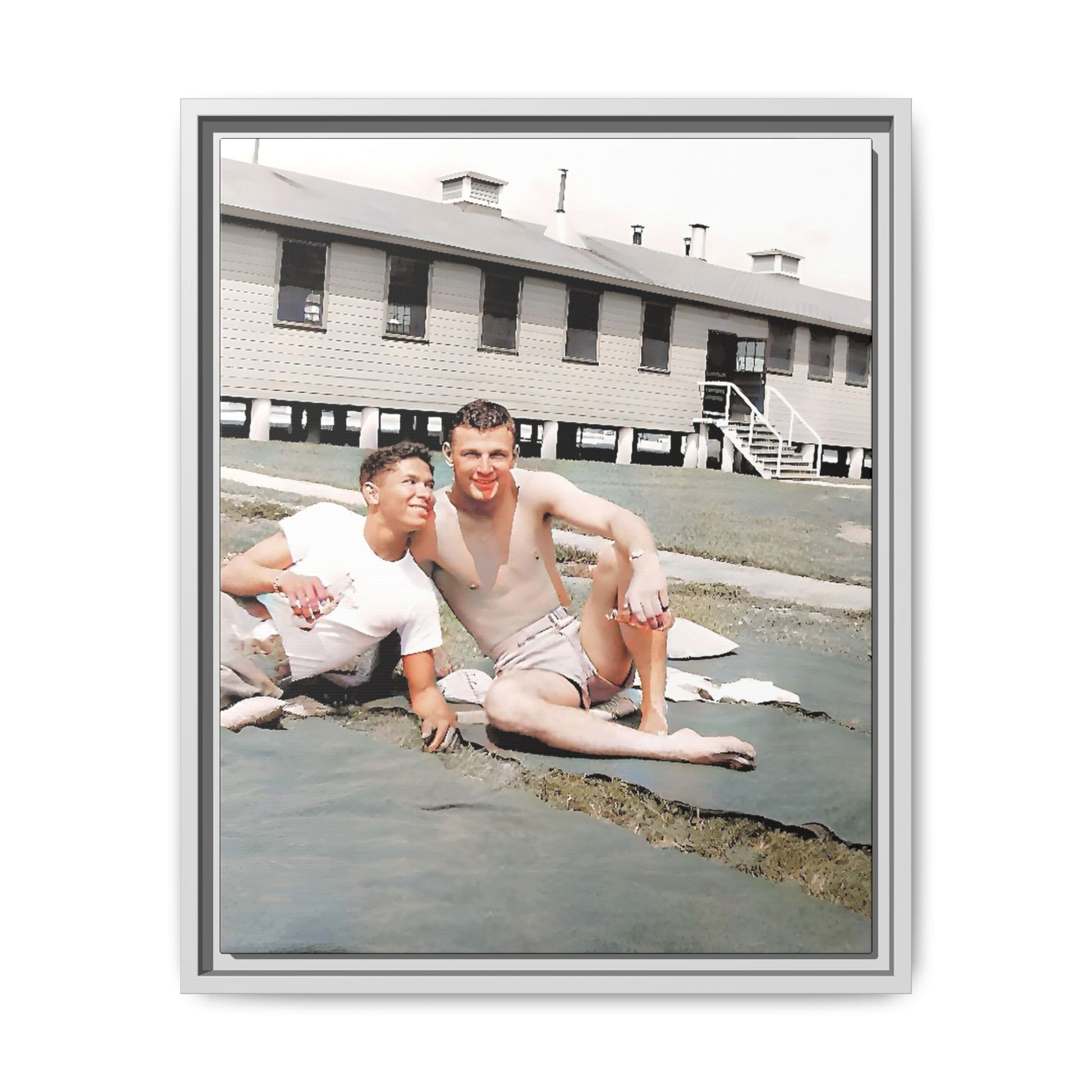 A framed vintage military portrait on matte canvas featuring Wayne and Jerry at Camp Blanding, Florida, capturing a timeless LGBTQ+ connection and companionship.
Gay Couple