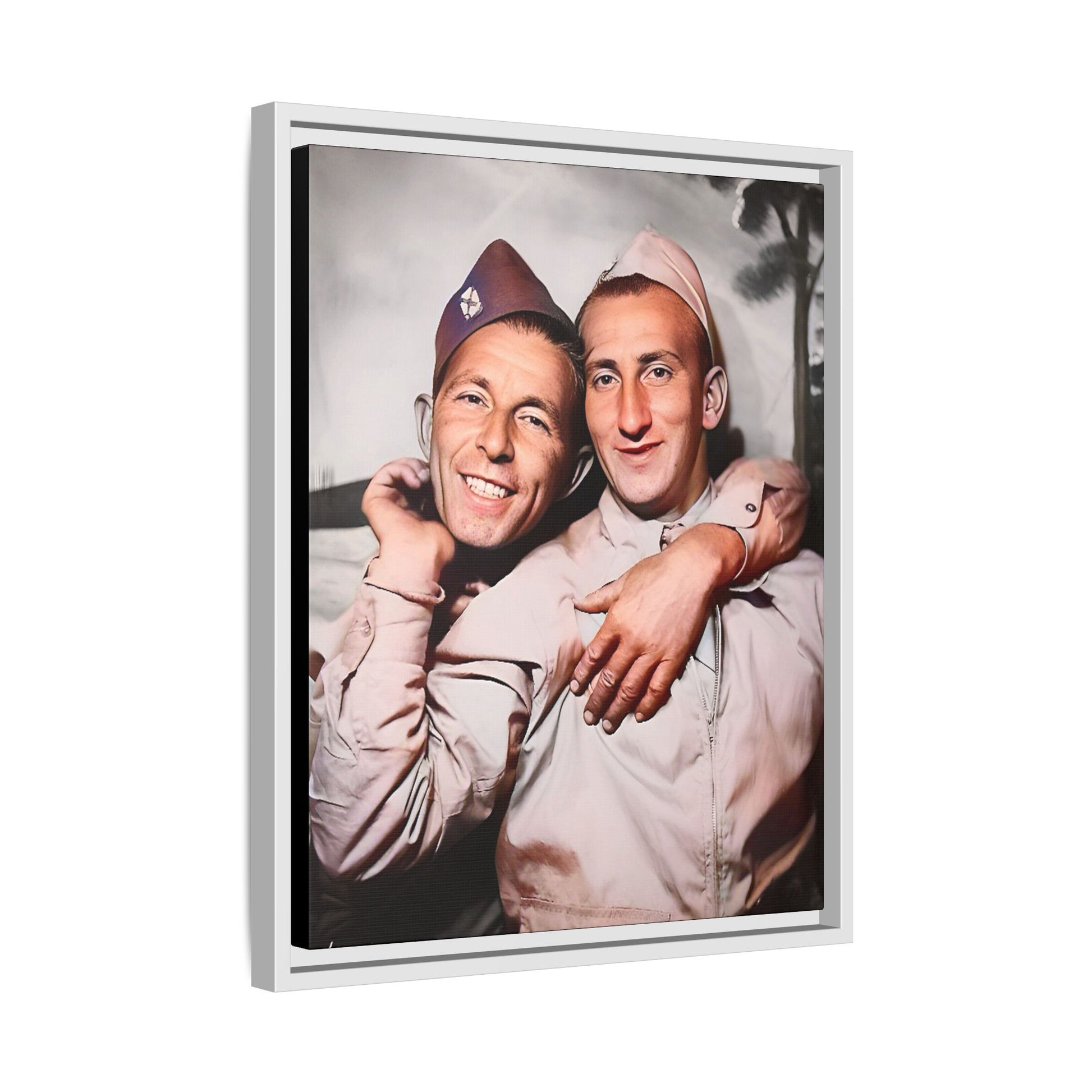 A framed vintage photo on matte canvas featuring a heartfelt portrait of a military couple at Fort Jackson, South Carolina, celebrating love and resilience in history.