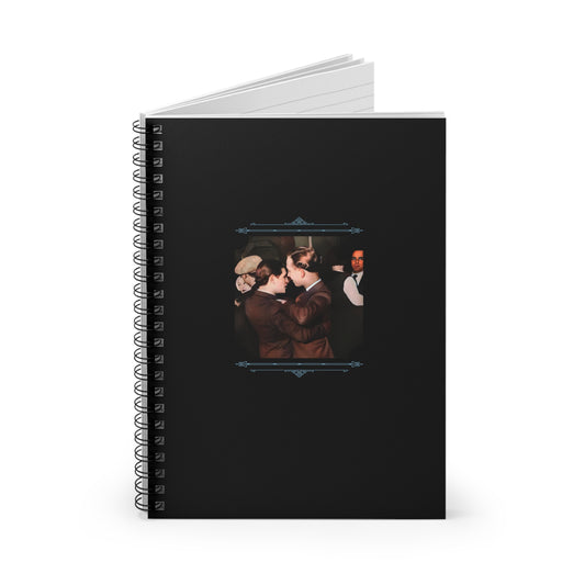 Colorized vintage gay couple dancing together in a suit-filled social setting on a black notebook cover with blue trim