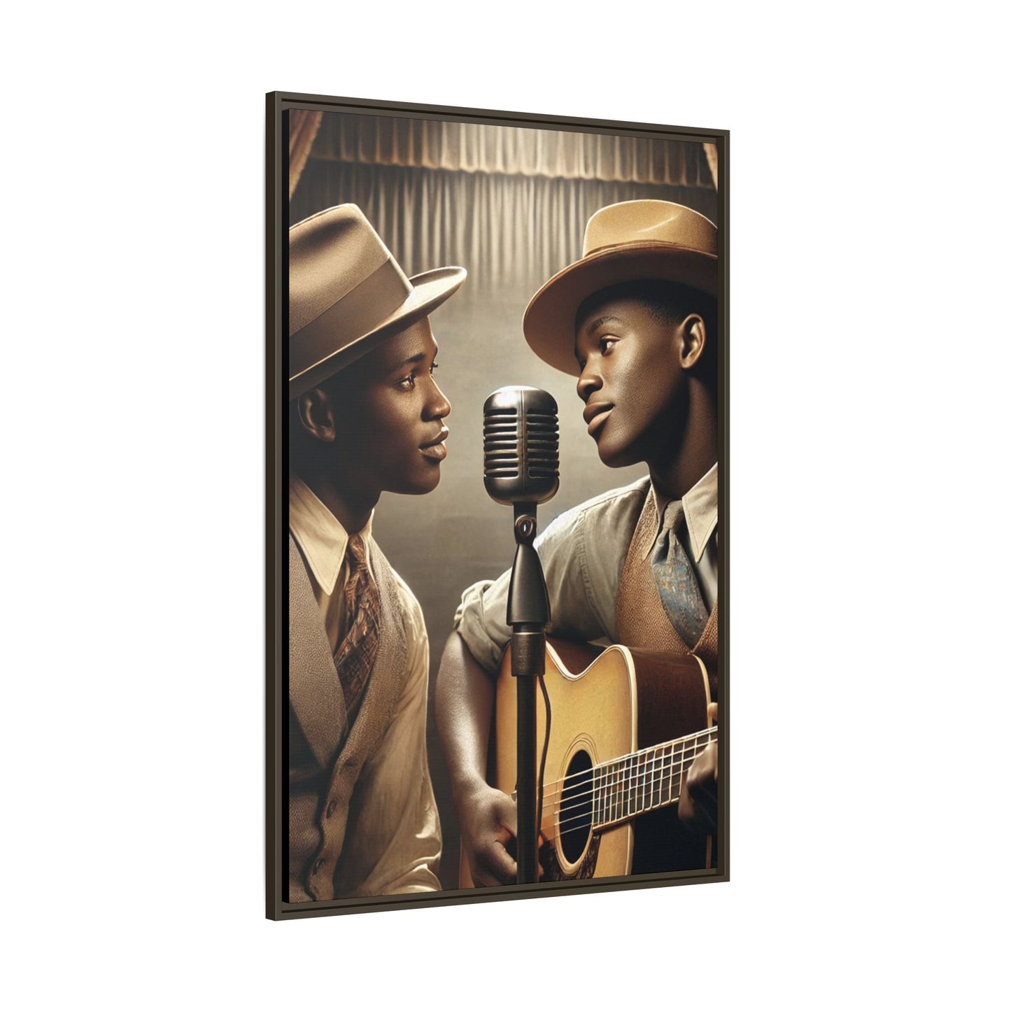 Artwork of an African-American gay couple recording a song in a 1930s-style studio. Dressed in vintage attire with fedoras and ties, they share a close, tender moment around a classic microphone, capturing love, music, and cultural heritage in a nostalgic setting