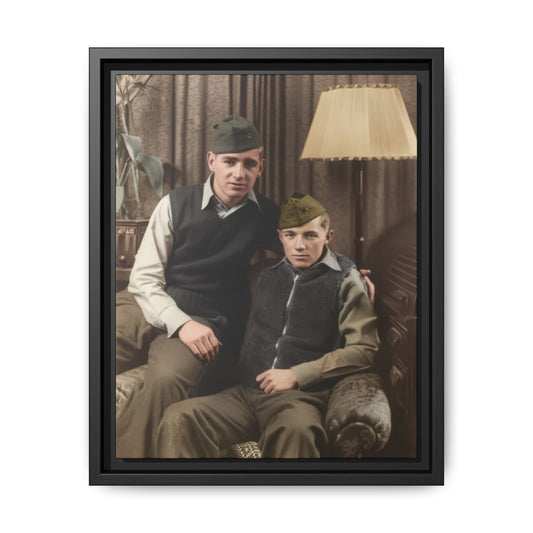 Mid-century military double portrait framed canvas wall art featuring two young men seated in a domestic interior