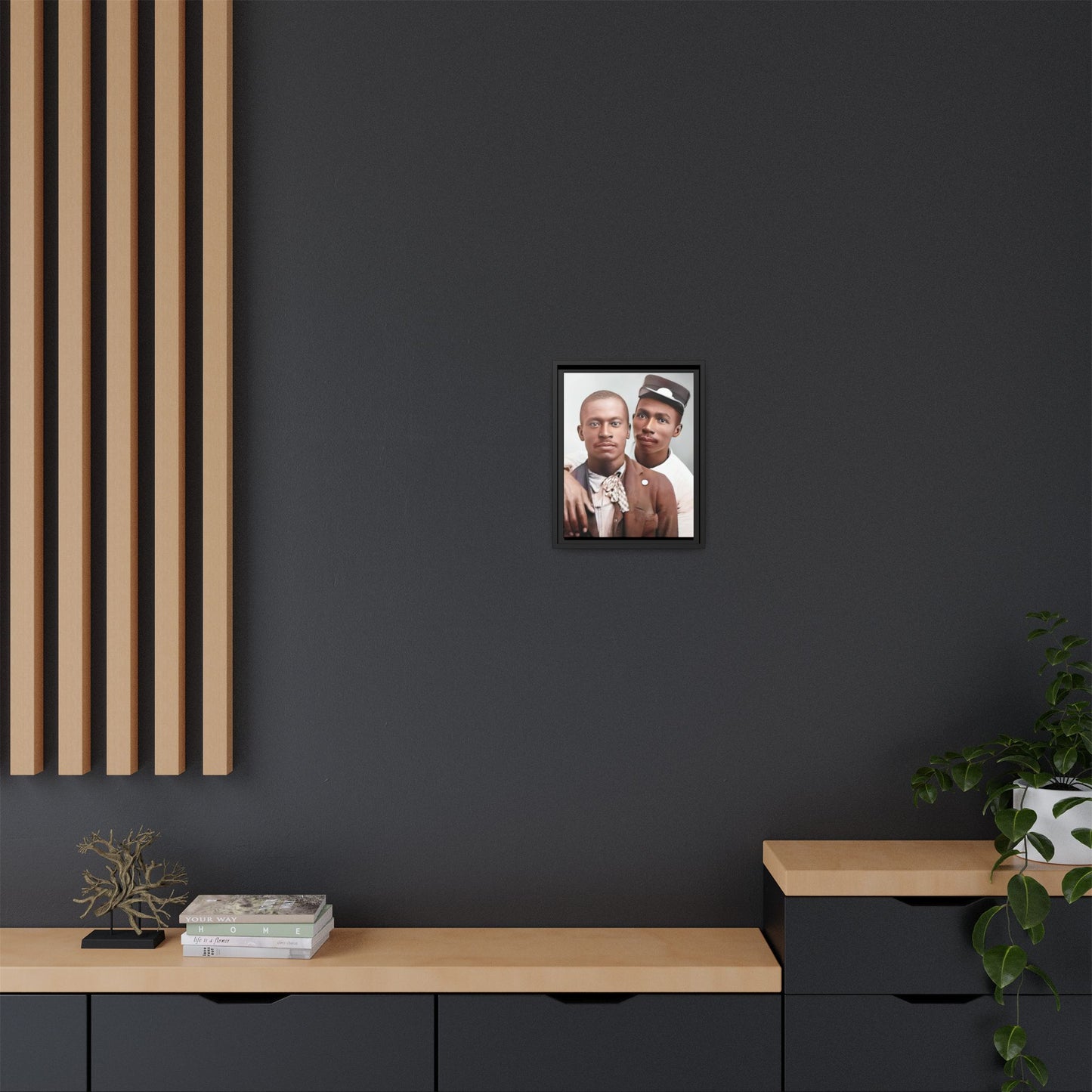 A restored vintage portrait of Willie & Louis at Metro-North Railroad in Harlem, New York. This framed matte canvas celebrates LGBTQ+ history, African American heritage, and timeless love. Gay Couple