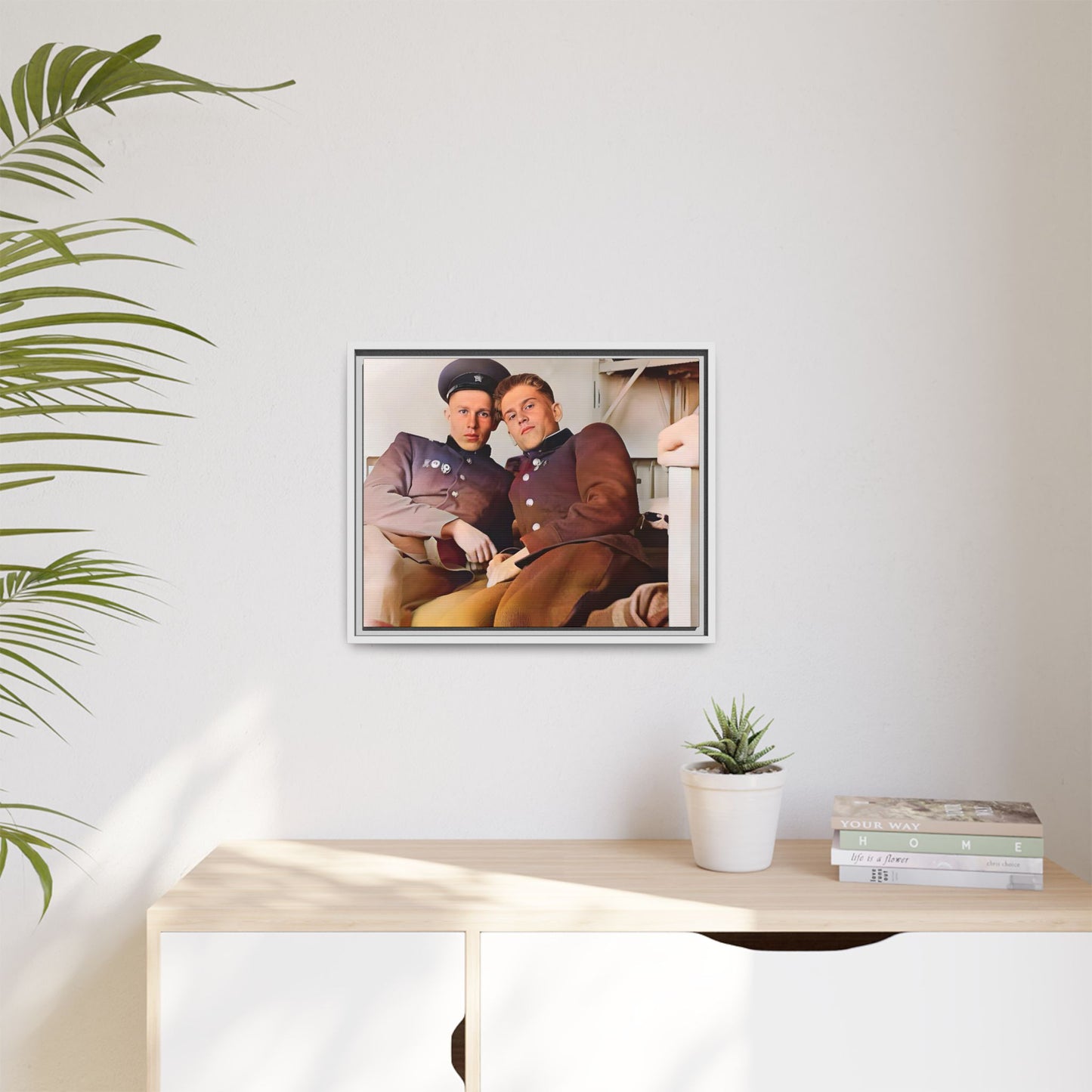A restored vintage photograph of two Russian soldiers in uniform, seated together in their quarters in Volgograd, Russia. Their relaxed postures and warm expressions capture a moment of camaraderie, resilience, and military history. A powerful tribute to LGBTQ+ representation in the armed forces. Gay Couple Винтажное фото  гей-пара