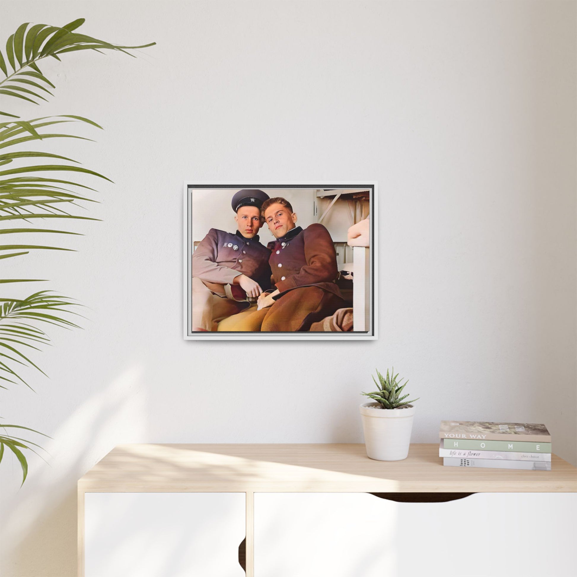 A restored vintage photograph of two Russian soldiers in uniform, seated together in their quarters in Volgograd, Russia. Their relaxed postures and warm expressions capture a moment of camaraderie, resilience, and military history. A powerful tribute to LGBTQ+ representation in the armed forces. Gay Couple Винтажное фото  гей-пара