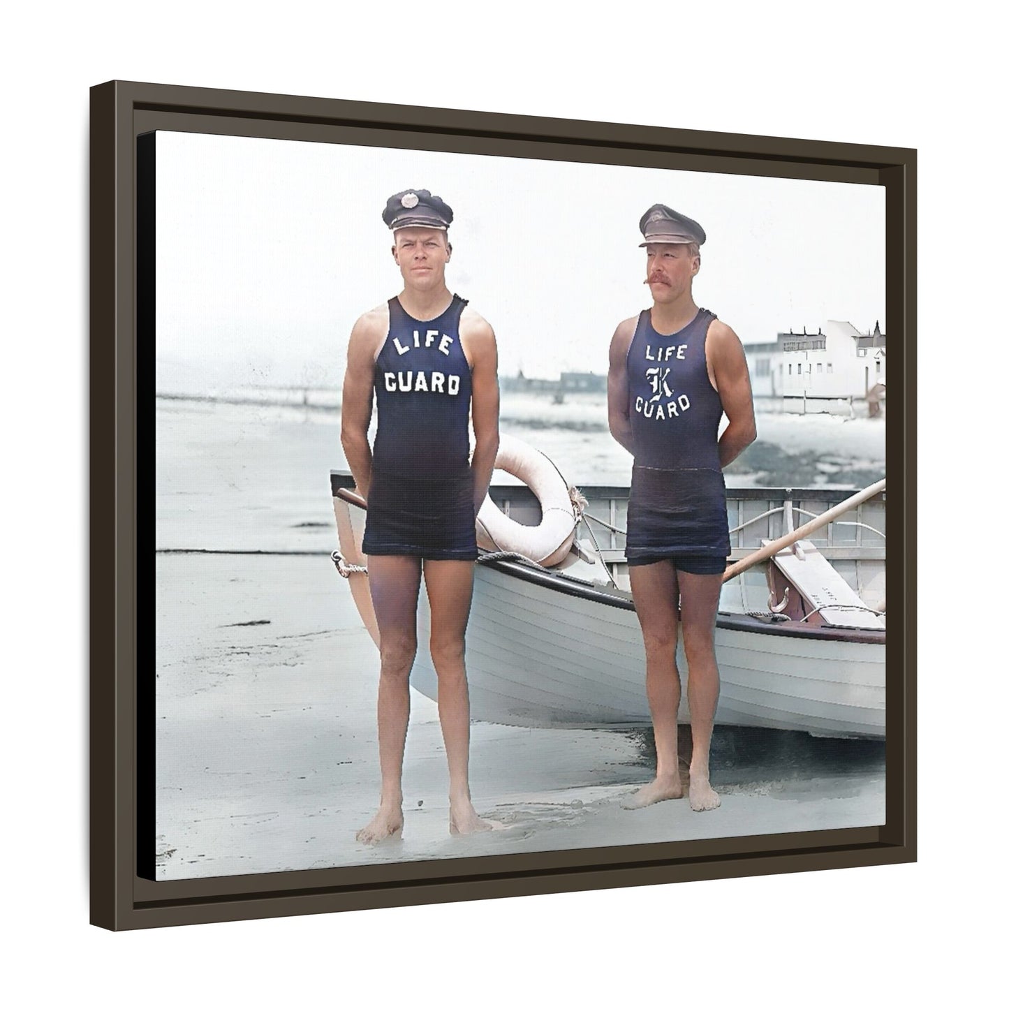 A nostalgic framed canvas print of vintage lifeguards in Cape May, NJ. This coastal artwork captures the charm of early 20th-century beach life, making it perfect for lovers of maritime history, seaside decor, and Americana enthusiasts.