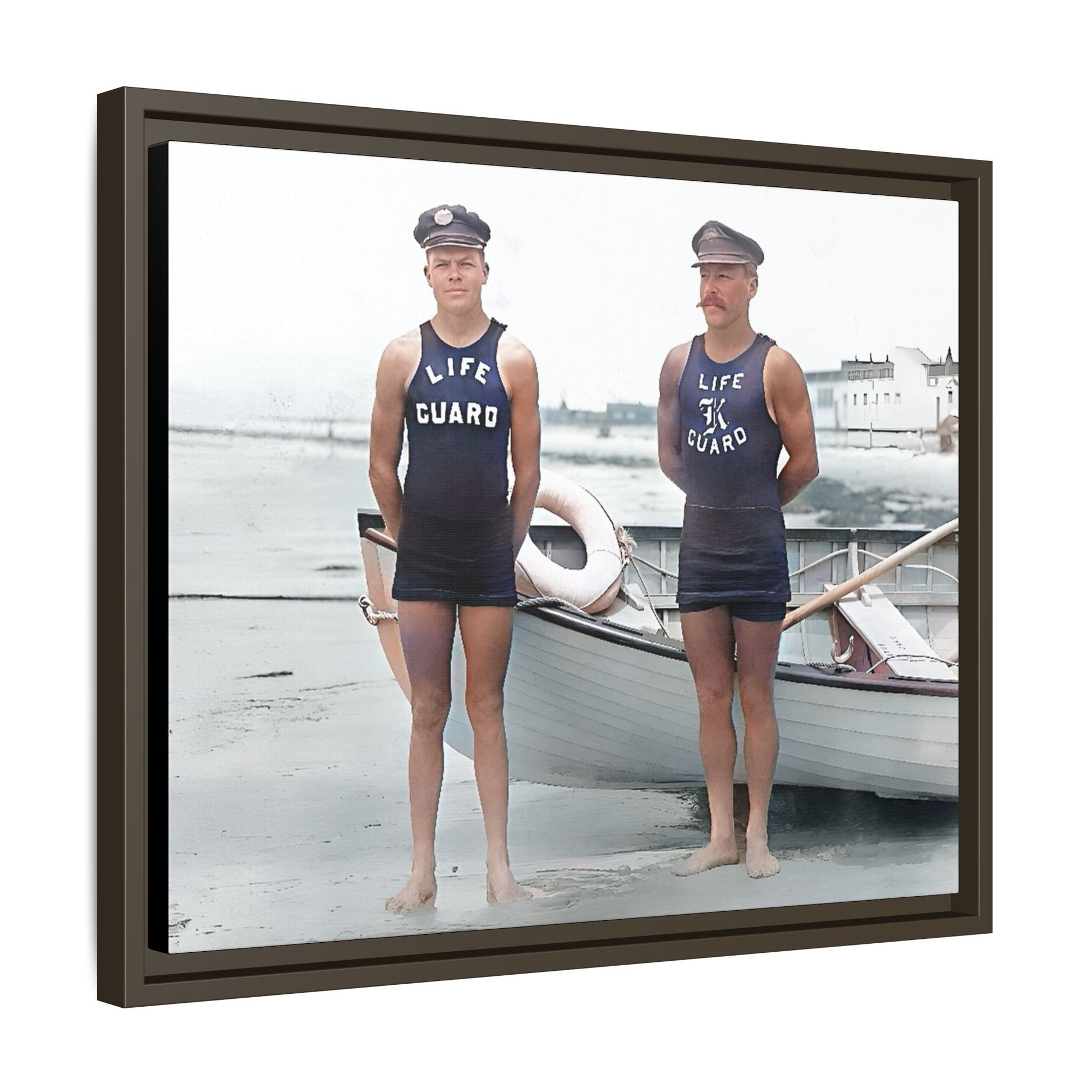 A nostalgic framed canvas print of vintage lifeguards in Cape May, NJ. This coastal artwork captures the charm of early 20th-century beach life, making it perfect for lovers of maritime history, seaside decor, and Americana enthusiasts.