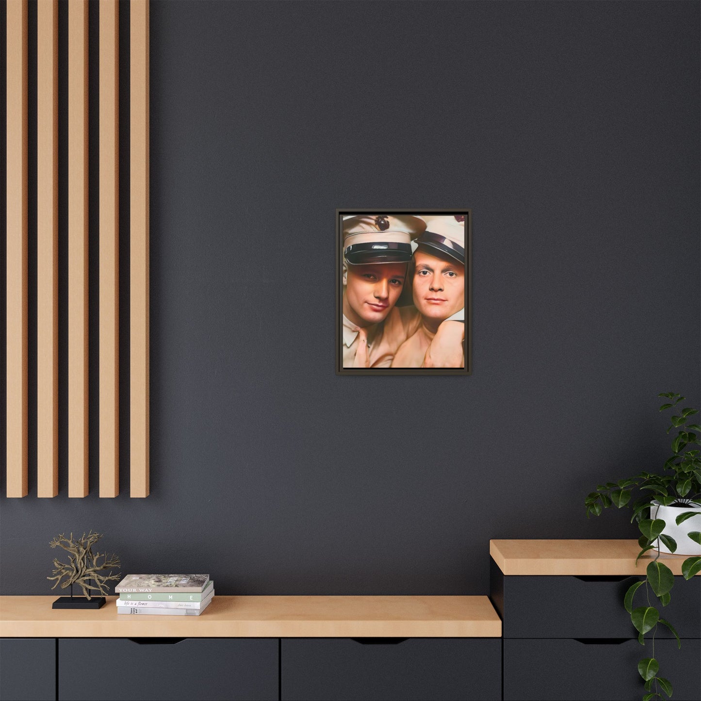 Restored vintage photograph of Paul and Ralph, an early 20th-century LGBTQ+ military couple from Camp Atterbury, Indiana. Framed matte canvas print celebrating love, courage, and LGBTQ+ history. Gay Couple Photo Booth
