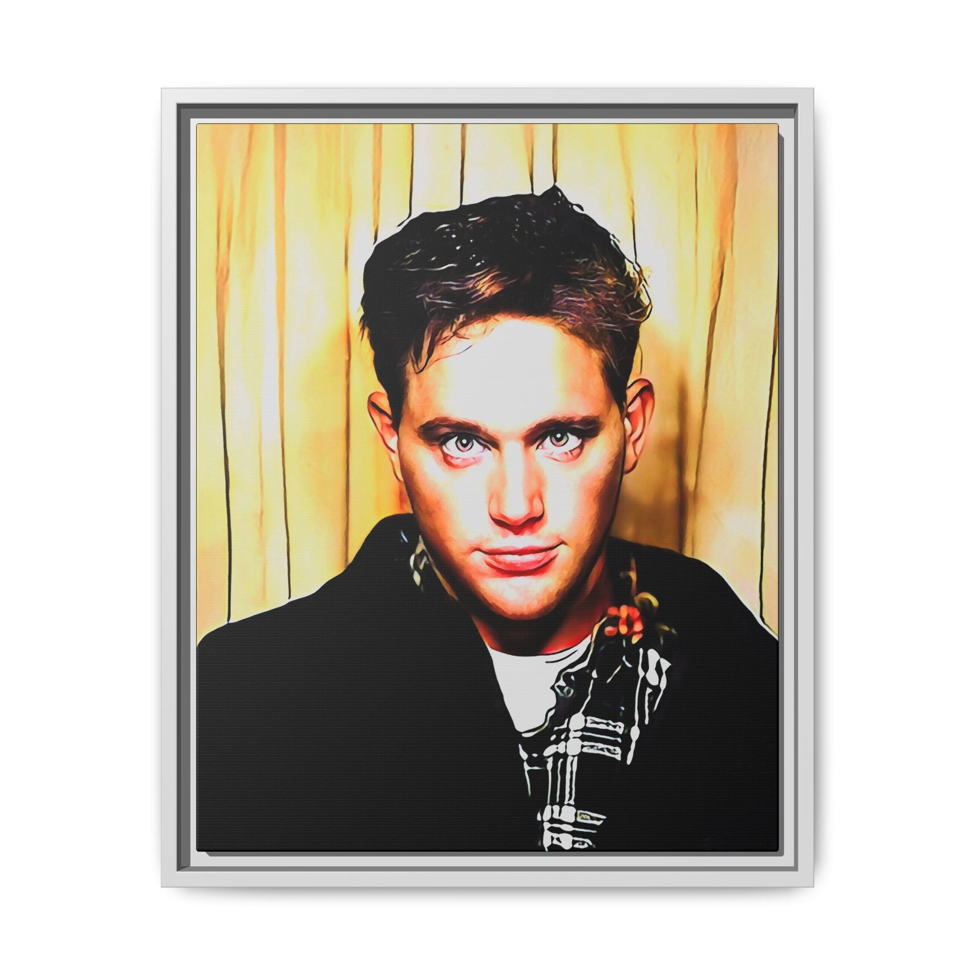A nostalgic 90s photo booth portrait of Jake at Deadwood Bar, Iowa City. This framed matte canvas print captures quiet reflection, vintage charm, and raw authenticity, making it a striking statement piece for lovers of retro photography and moody decor.