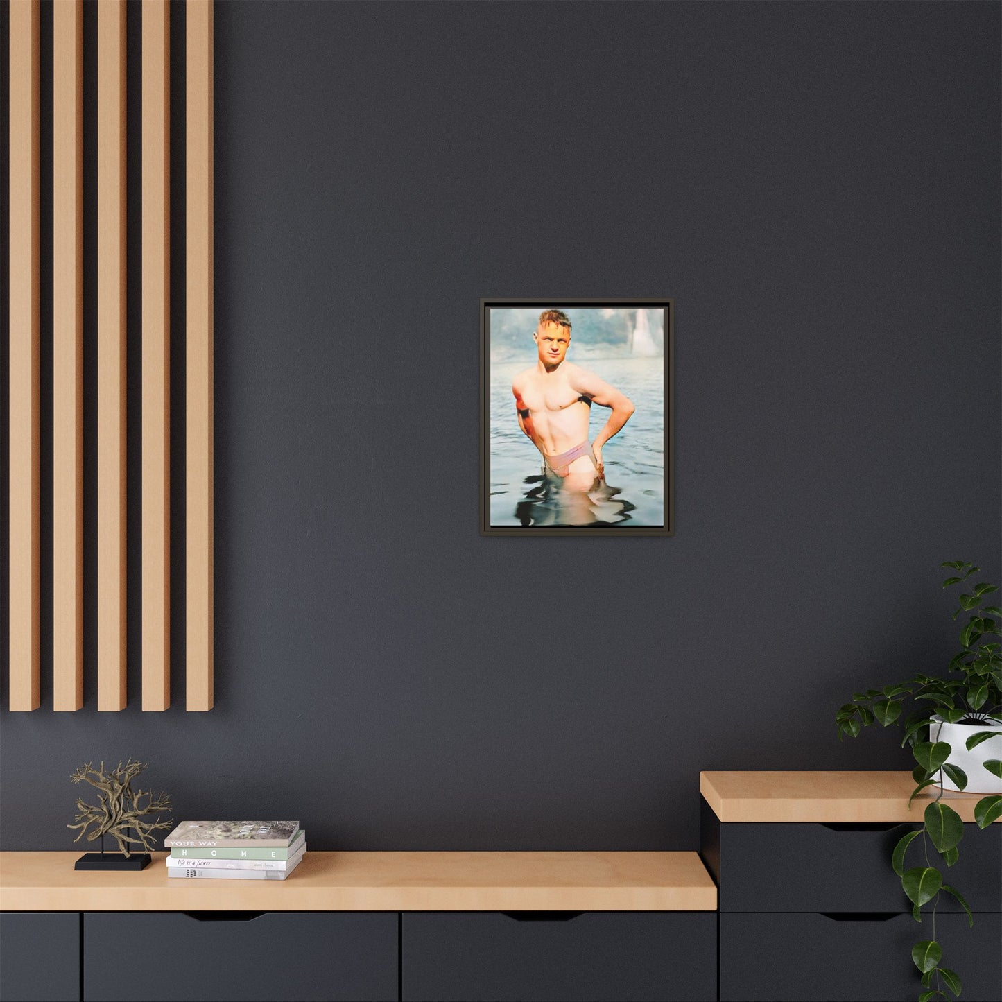 Restored 1940s vintage photo of Lewis standing waist-deep in Lake Wawasee, Indiana, radiating confidence and vitality, framed as wall art.