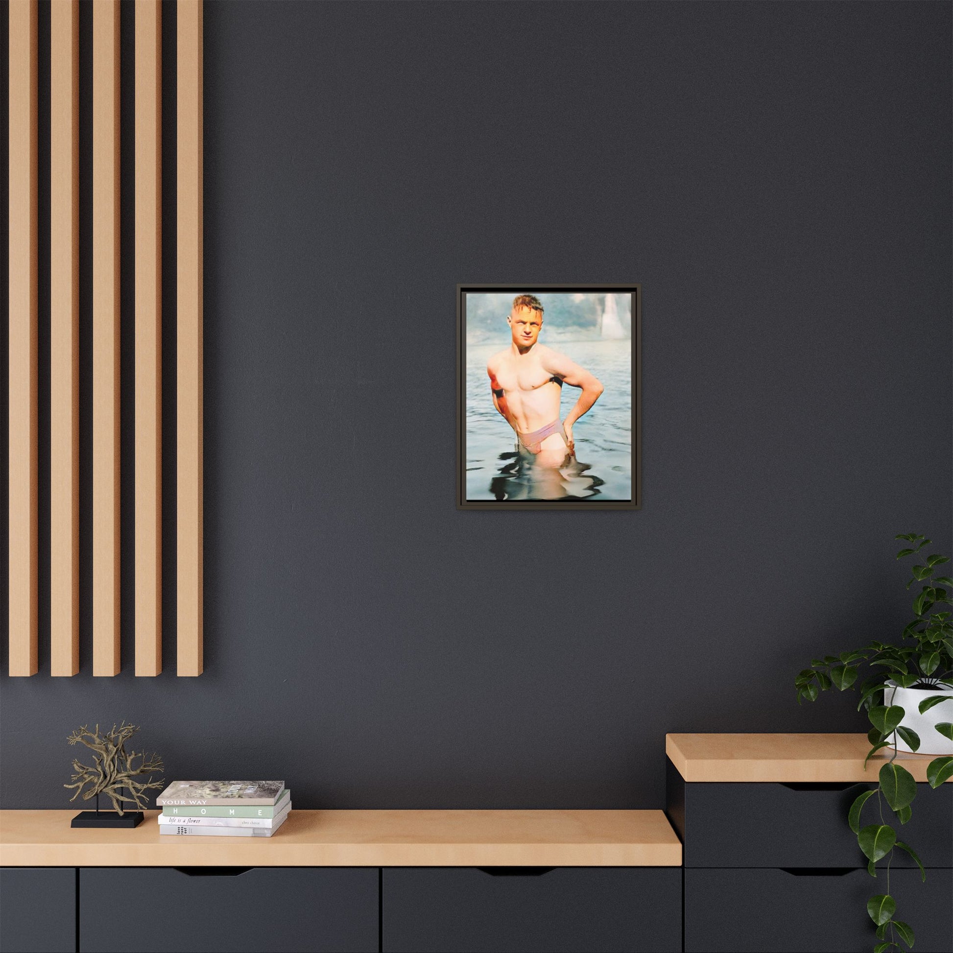 Restored 1940s vintage photo of Lewis standing waist-deep in Lake Wawasee, Indiana, radiating confidence and vitality, framed as wall art.