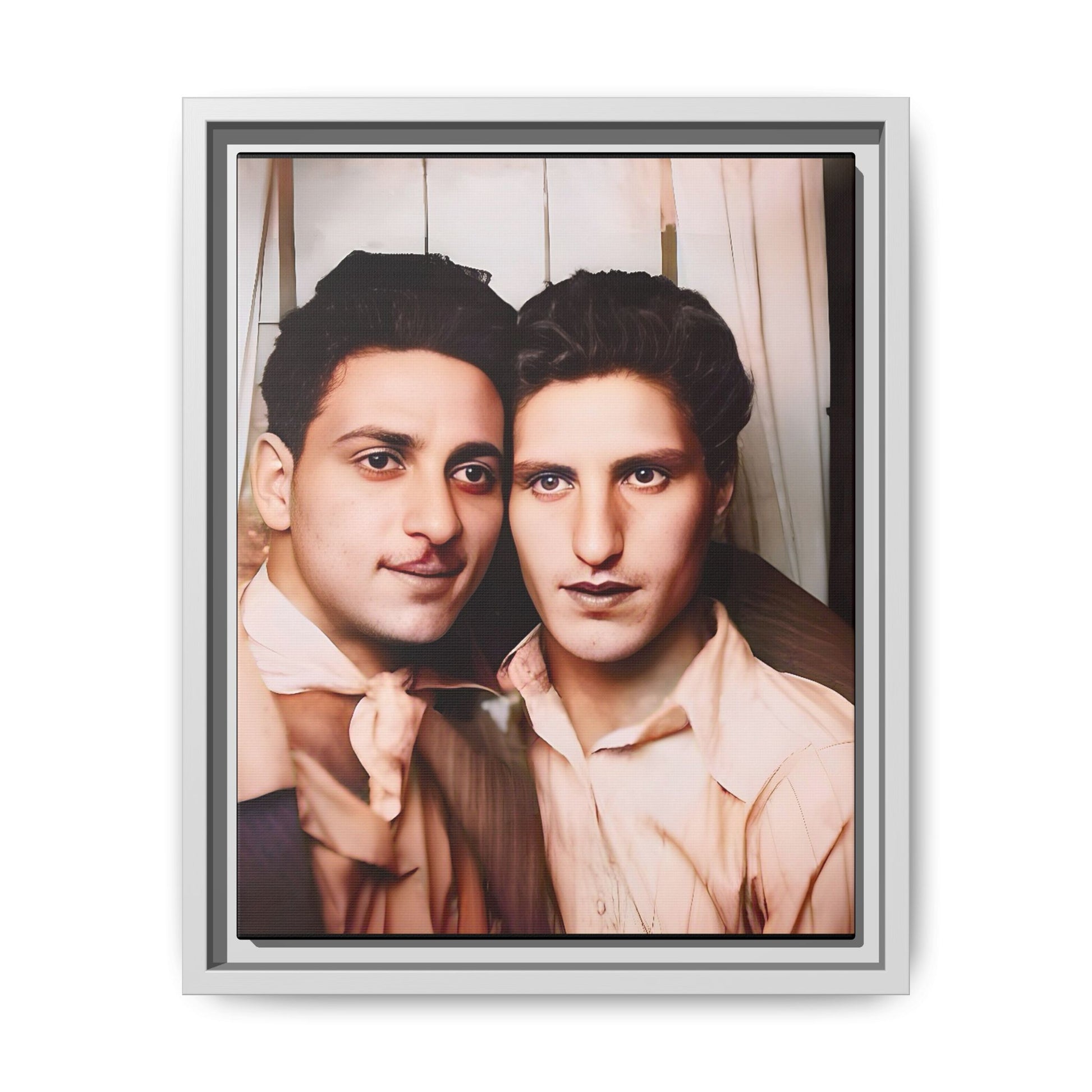 A framed vintage photo booth portrait on matte canvas featuring Juan and Lawrence in Santa Monica, California, capturing timeless LGBTQ+ love and companionship. Gay Couple