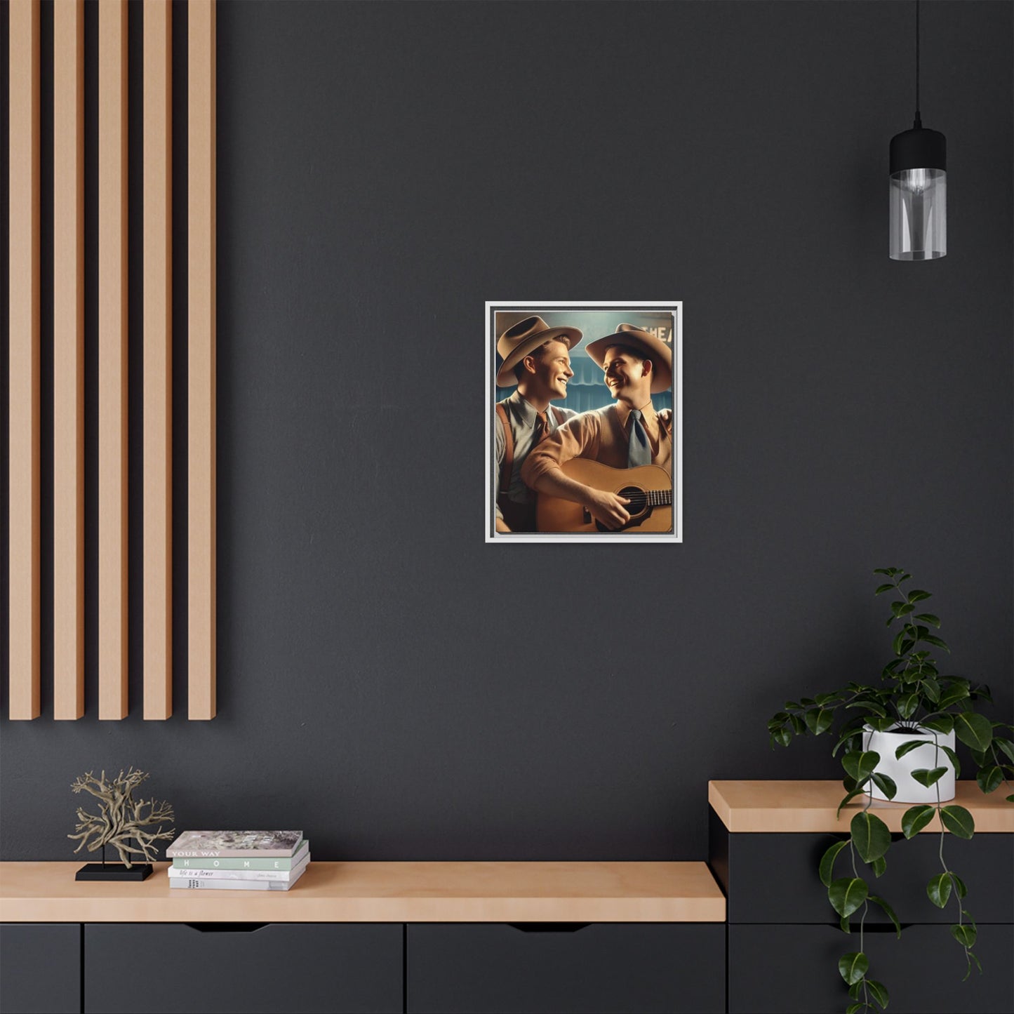 Artwork of a gay couple recording a country-western song in a 1930s-style studio. Dressed in classic Western attire with wide-brimmed hats and button-up shirts, the two men share an affectionate gaze, capturing love and unity in a nostalgic, vintage setting.