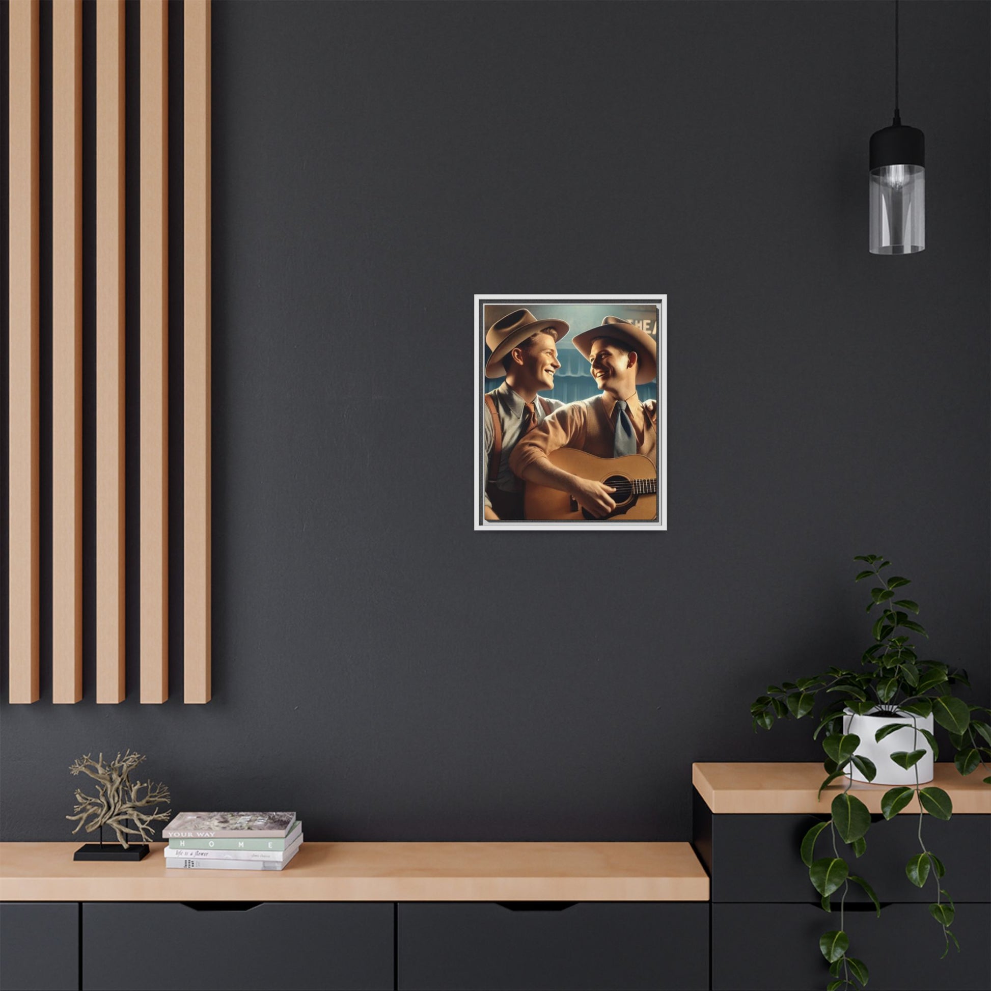 Artwork of a gay couple recording a country-western song in a 1930s-style studio. Dressed in classic Western attire with wide-brimmed hats and button-up shirts, the two men share an affectionate gaze, capturing love and unity in a nostalgic, vintage setting.