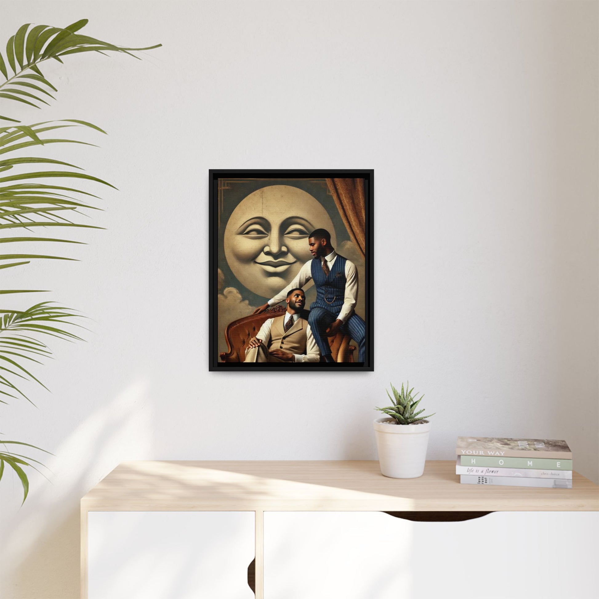 An elegant portrait of two Black men in vintage suits, seated affectionately beneath a smiling full moon. This 1920s-inspired artwork reclaims lost LGBTQ history, honoring Black queer love through style, softness, and resilience.
