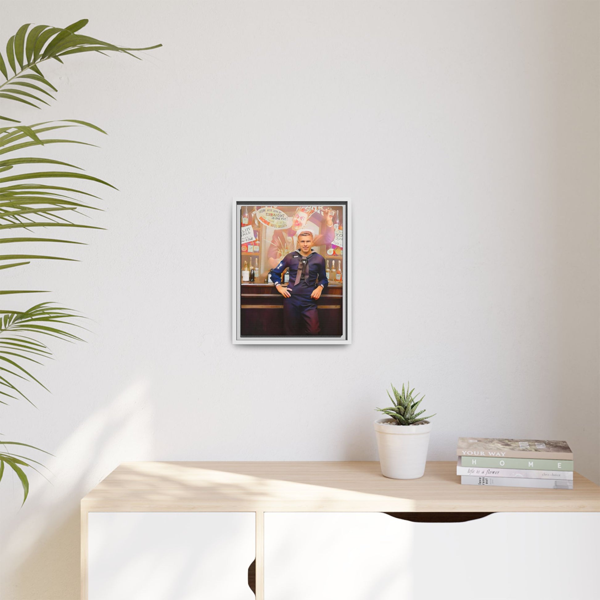 A restored WWII-era portrait of Charles at Brooklyn Navy Yard, New York. This framed matte canvas print captures the resilience and camaraderie of wartime sailors, featuring vintage war bond advertisements and classic Navy charm.