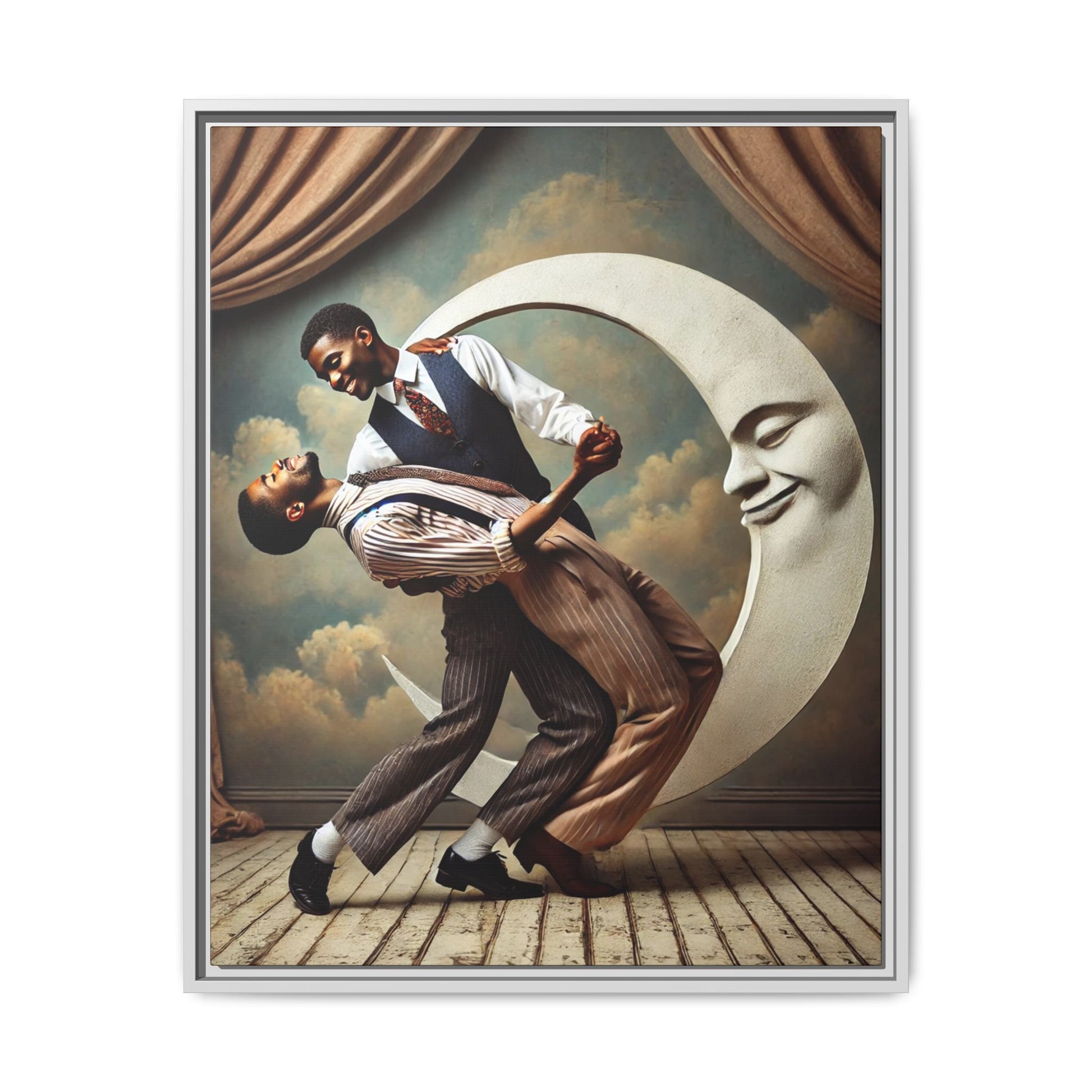 Framed artwork of two Black men in vintage suits dancing tenderly beneath a crescent moon with a smiling face. A romantic 1920s-inspired scene with velvet curtains and a painted sky backdrop. Part of a collection reclaiming lost queer Black history and art.