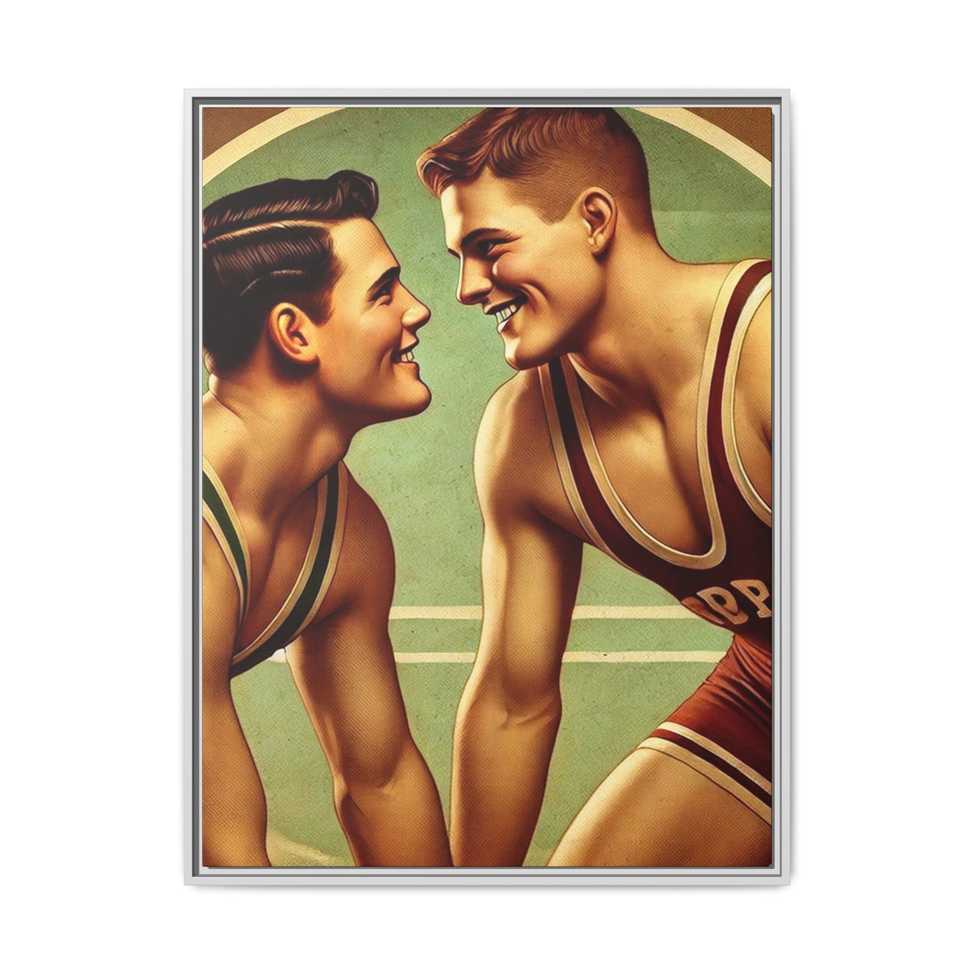 Framed artwork of two young wrestlers in vintage singlets on a stylized mat, inspired by Grant Wood's nostalgic Americana style.