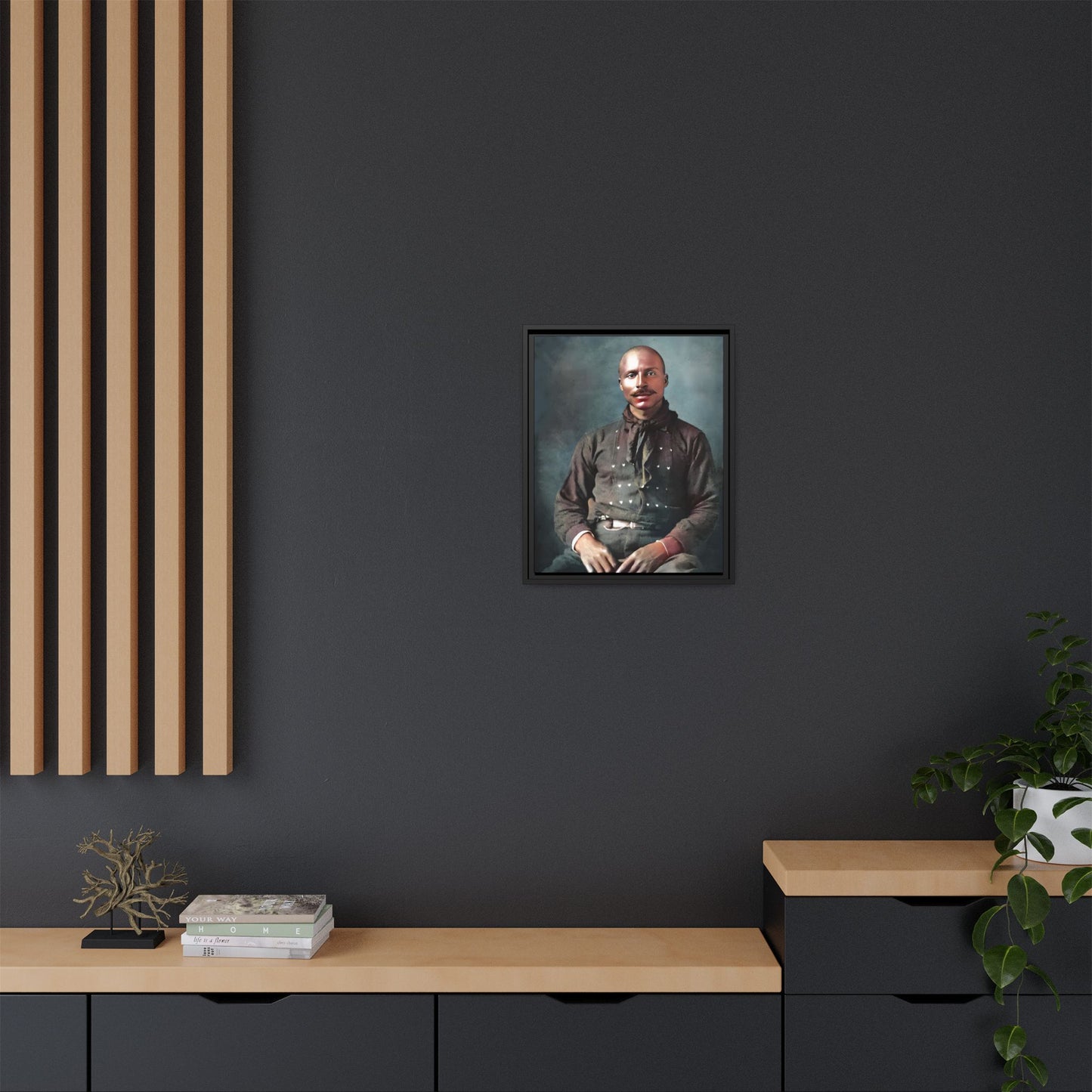 A vintage Western portrait of Jorge, capturing the rugged charm of the Old West in Mesa, Arizona. This framed matte canvas showcases resilience and classic cowboy style, perfect for rustic, Western, or Americana-inspired decor. Hispanic Latino
