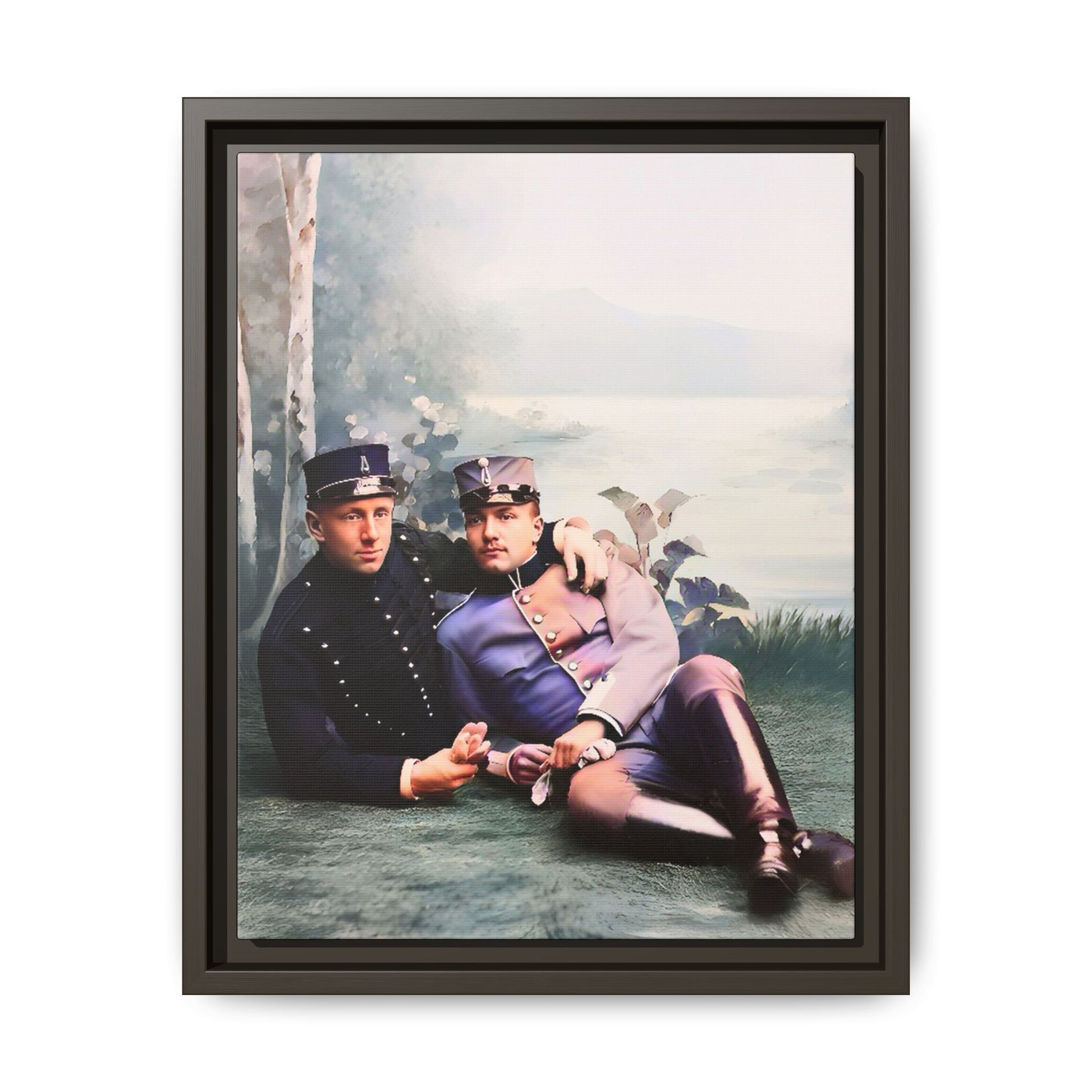 Restored early 1900s photo of Karl and Mats in Swedish military uniforms, reclining by a lakeside, celebrating LGBTQ+ love and history, framed as wall art. Gay Couple Vintage foto homosexuella par