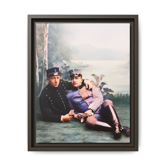 Restored early 1900s photo of Karl and Mats in Swedish military uniforms, reclining by a lakeside, celebrating LGBTQ+ love and history, framed as wall art. Gay Couple Vintage foto homosexuella par