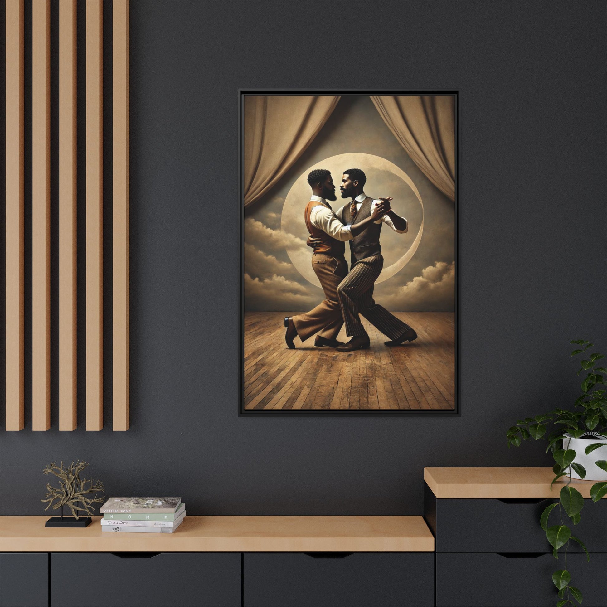 Original artwork of two Black men ballroom dancing in vintage 1920s suits under a glowing moon backdrop. A romantic and powerful tribute to queer love and Black history that reclaims moments lost to systemic bias and cultural erasure.