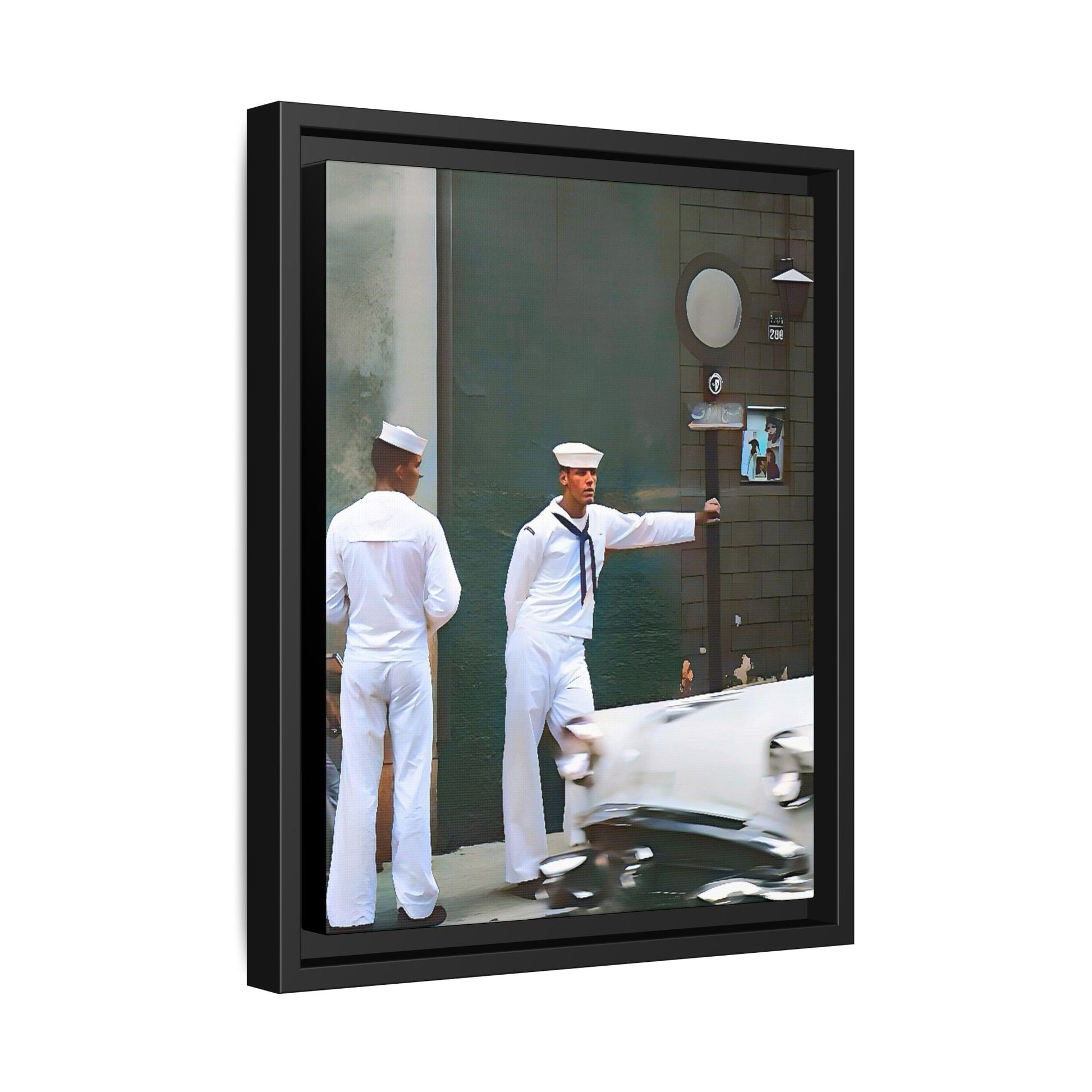 A restored vintage portrait of two sailors in Boystown, Northalsted, Chicago. This framed matte canvas celebrates LGBTQ+ history, urban charm, and community pride.