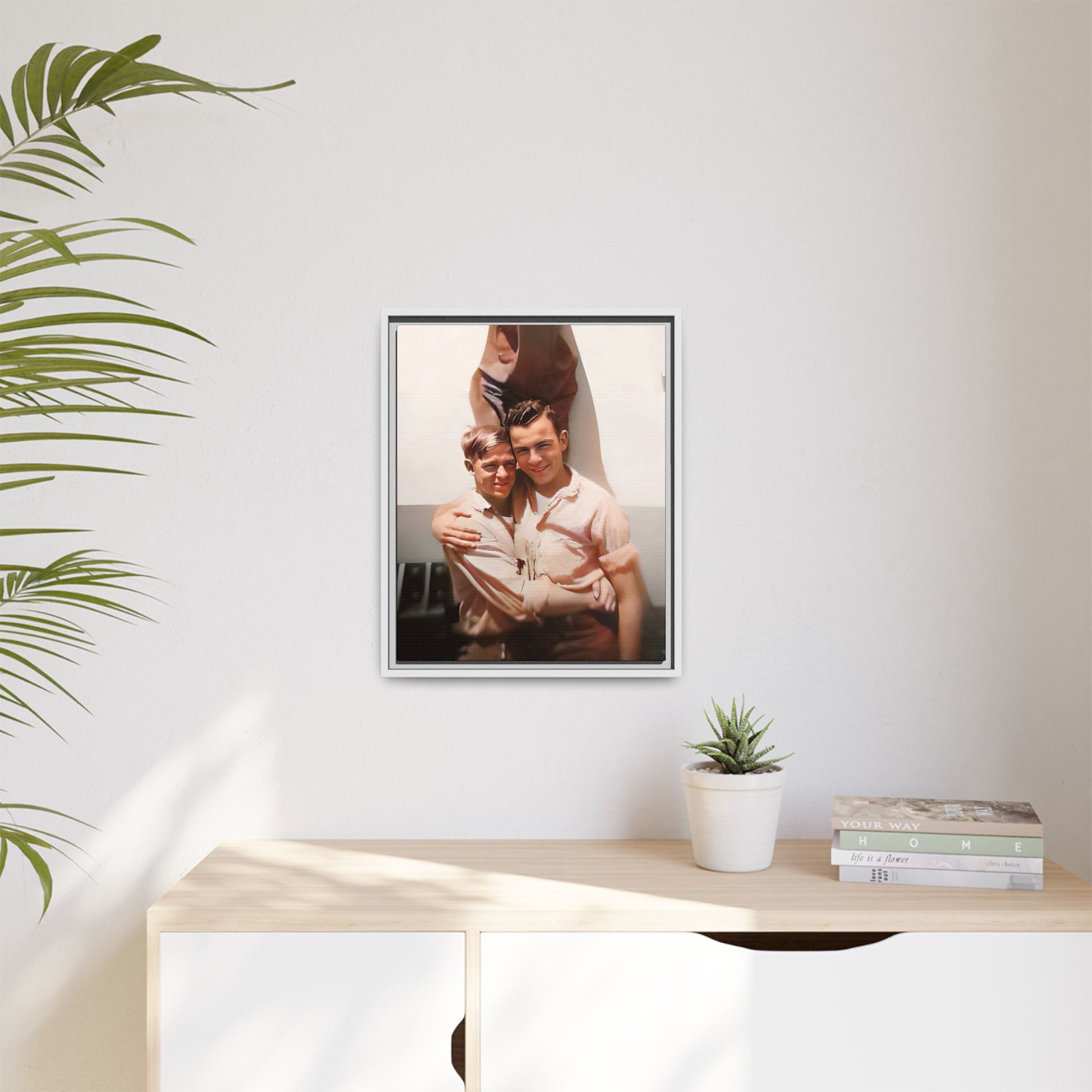 A framed vintage WWII-era portrait on matte canvas featuring Walter and Paul at Camp Shanks, NY, capturing love and resilience during wartime. Gay Couple
