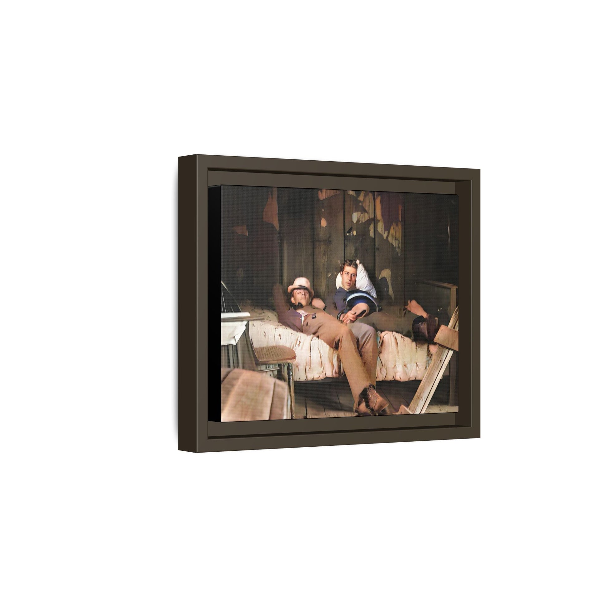 A vintage portrait of Henry & Joseph in a rustic Oregon cabin. This framed matte canvas captures LGBTQ+ history, love, and the beauty of a quiet, intimate moment, making it a timeless and meaningful addition to any collection or home. Gay Couple in bed.