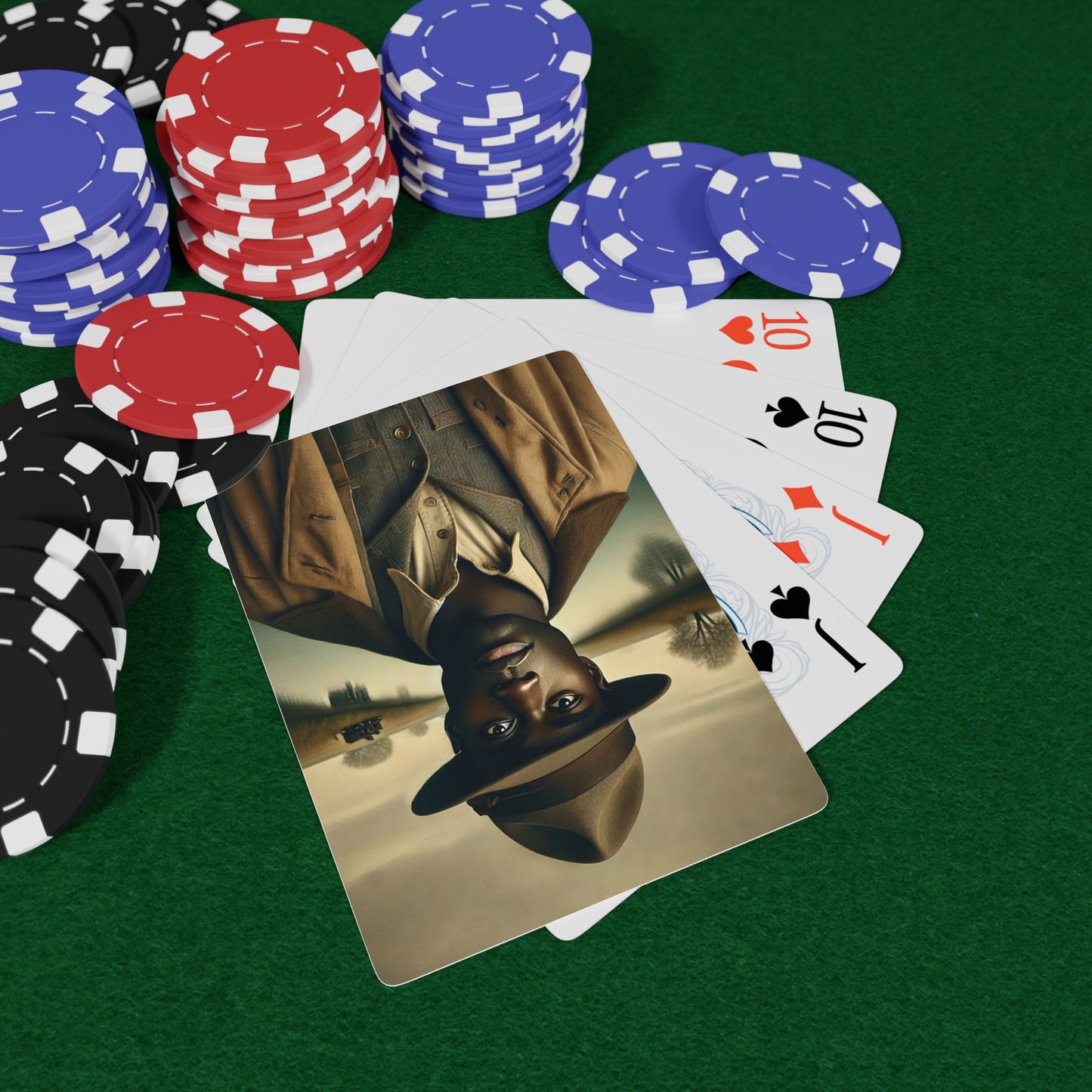 Missing Grant Series Poker Cards featuring a lone traveler in a rural Midwest landscape, honoring hidden queer history. Black Love