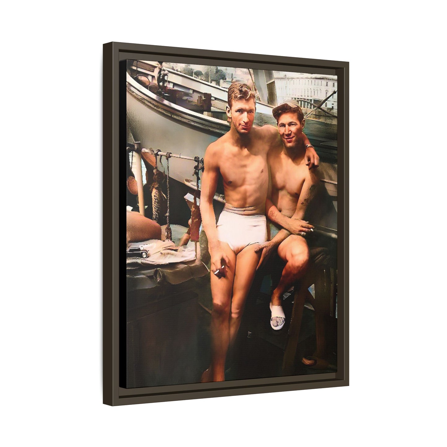 A framed vintage nautical portrait on matte canvas featuring Richard and Joey in Gulf Shores, Alabama, capturing timeless LGBTQ+ connection and coastal charm. Gay Couple