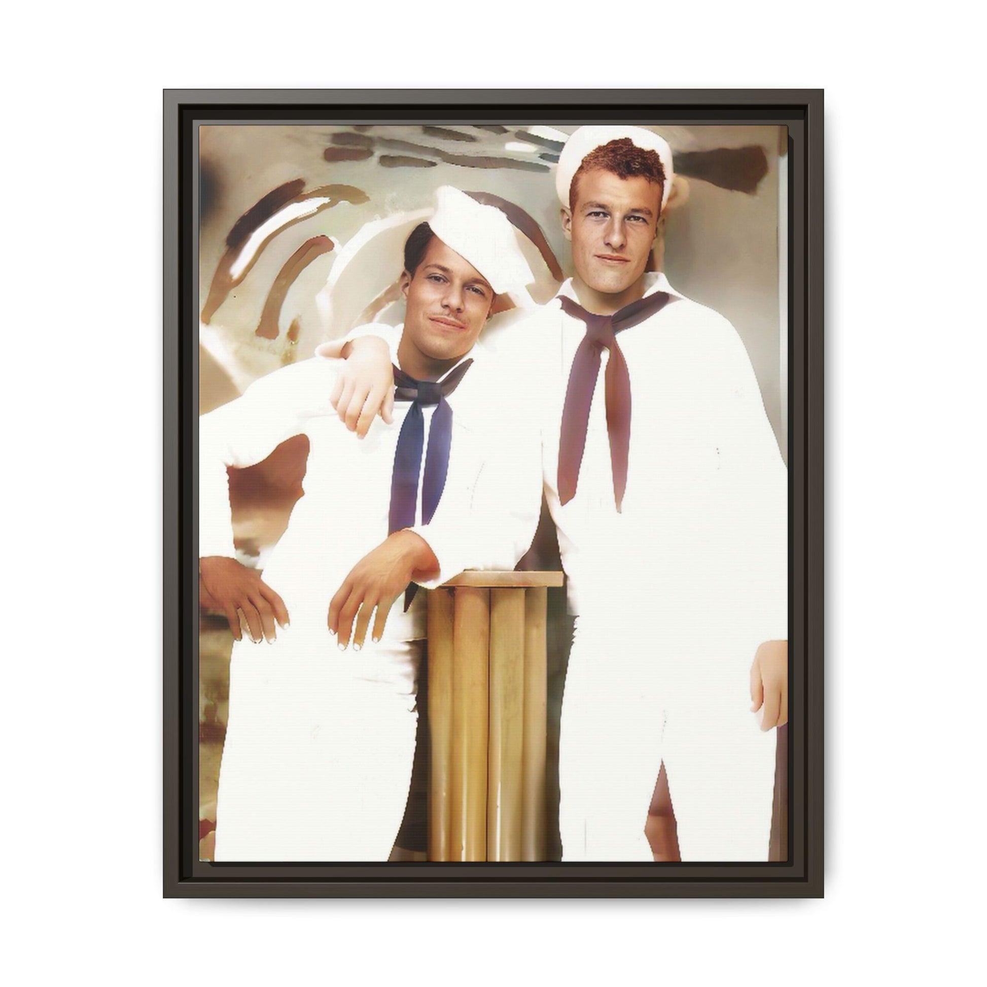 Vintage portrait of Leo & Russel aboard the USS South Dakota. Dressed in crisp naval whites, this LGBTQ+ military art print honors love, service, and history. A perfect addition for collectors, history lovers, and those who cherish authentic connections. African American Gay Juneteenth Black History Month Love Couple