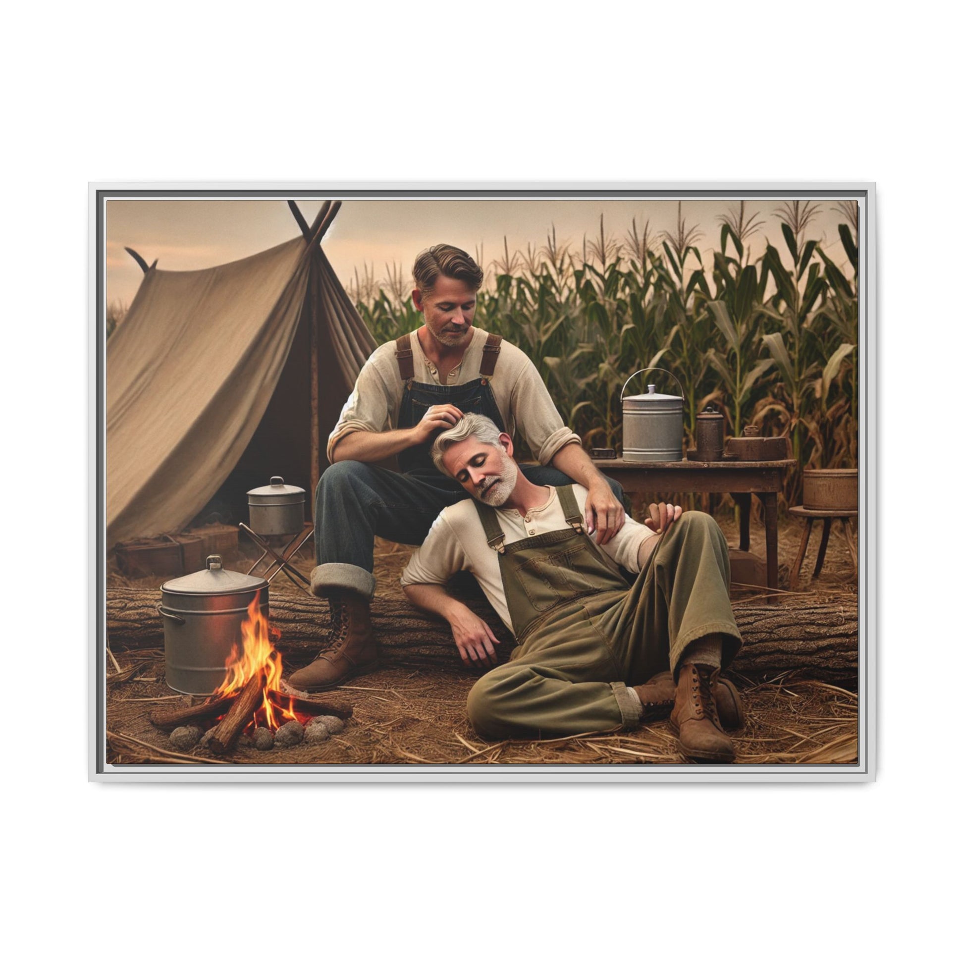 Older queer couple sharing a tender moment by the campfire, celebrating love