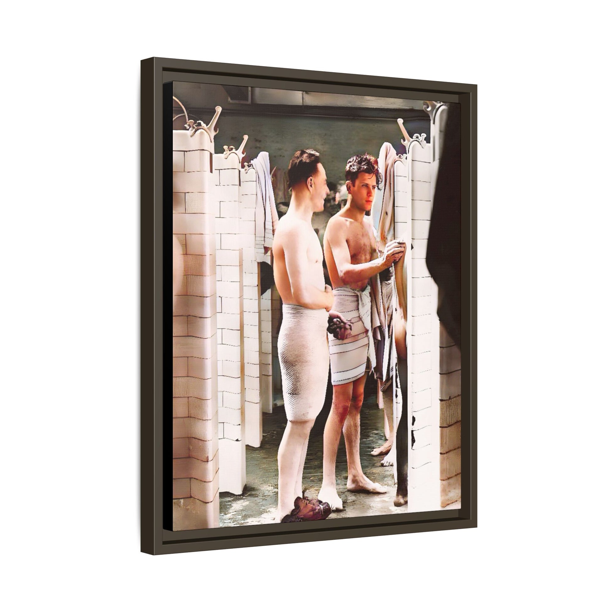 A restored and colorized vintage photo of Everard Baths in Manhattan, NYC. This framed matte canvas print celebrates LGBTQ+ history, capturing the spirit of camaraderie, liberation, and hidden stories from the past.
