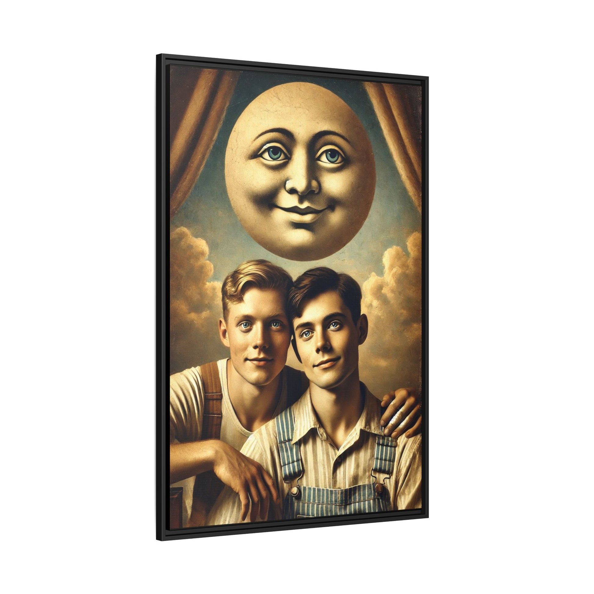 Framed matte canvas portrait featuring two young men in vintage overalls with a crescent moon prop above them. This artwork from the Missing Art Studies series reclaims LGBTQ+ imagery that may have been lost to bias, presenting warmth, intimacy, and presence.