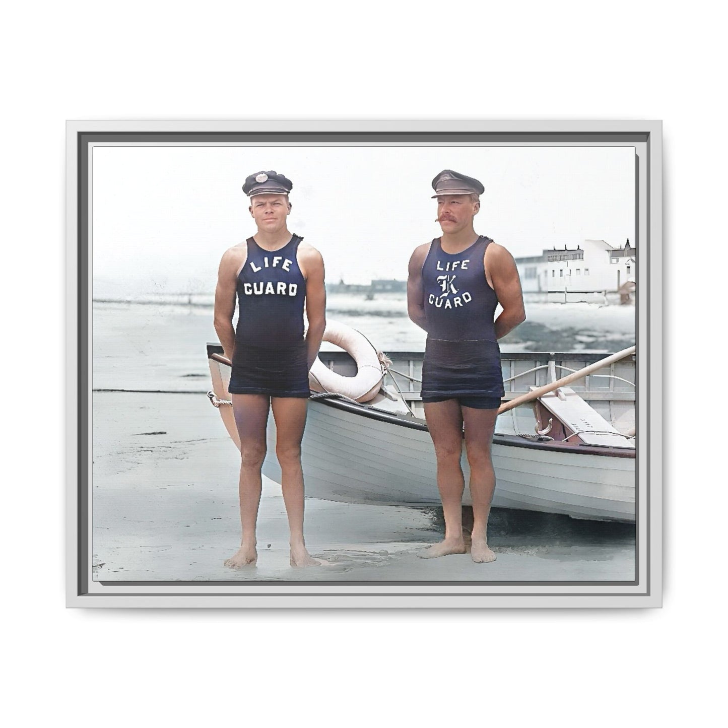 A nostalgic framed canvas print of vintage lifeguards in Cape May, NJ. This coastal artwork captures the charm of early 20th-century beach life, making it perfect for lovers of maritime history, seaside decor, and Americana enthusiasts.