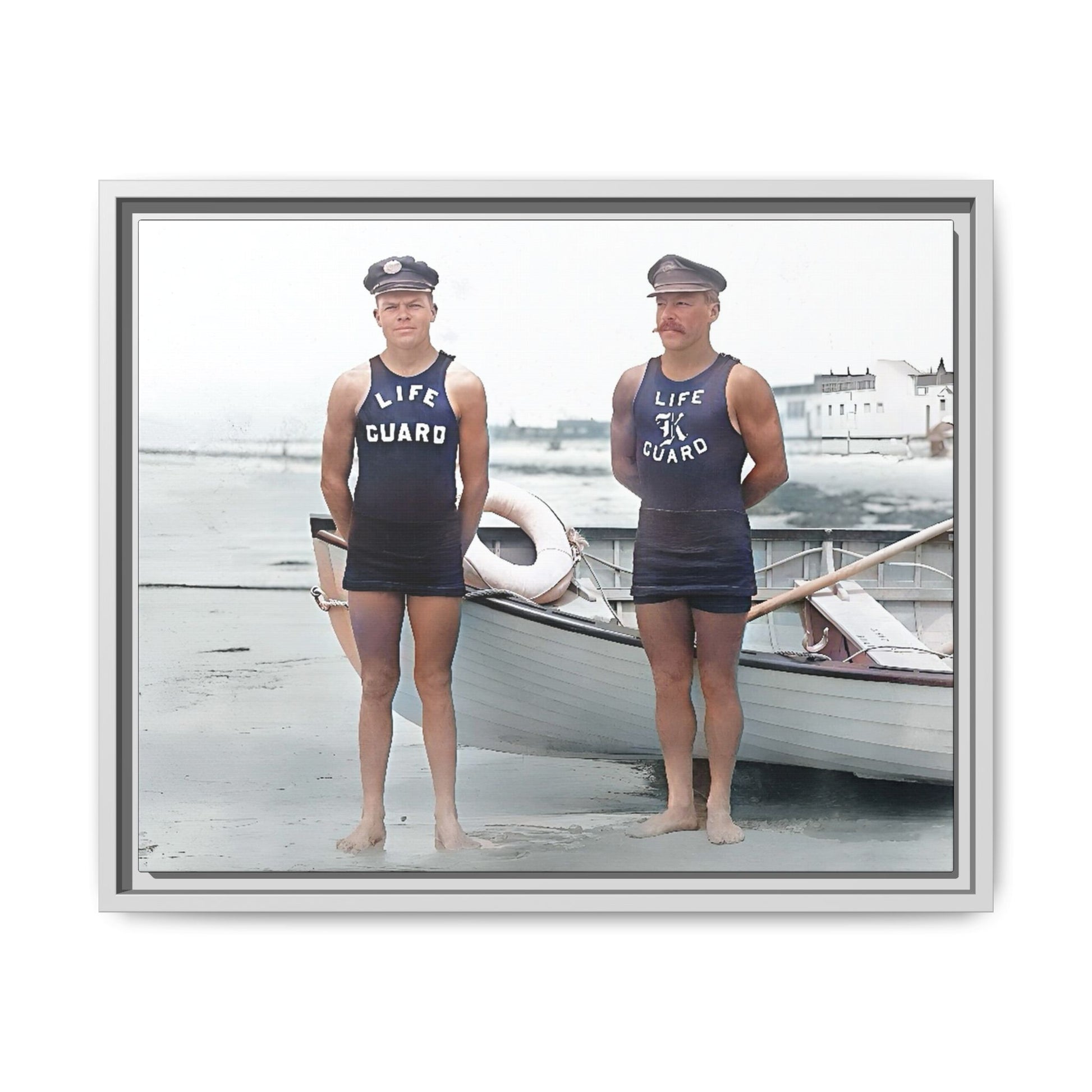 A nostalgic framed canvas print of vintage lifeguards in Cape May, NJ. This coastal artwork captures the charm of early 20th-century beach life, making it perfect for lovers of maritime history, seaside decor, and Americana enthusiasts.