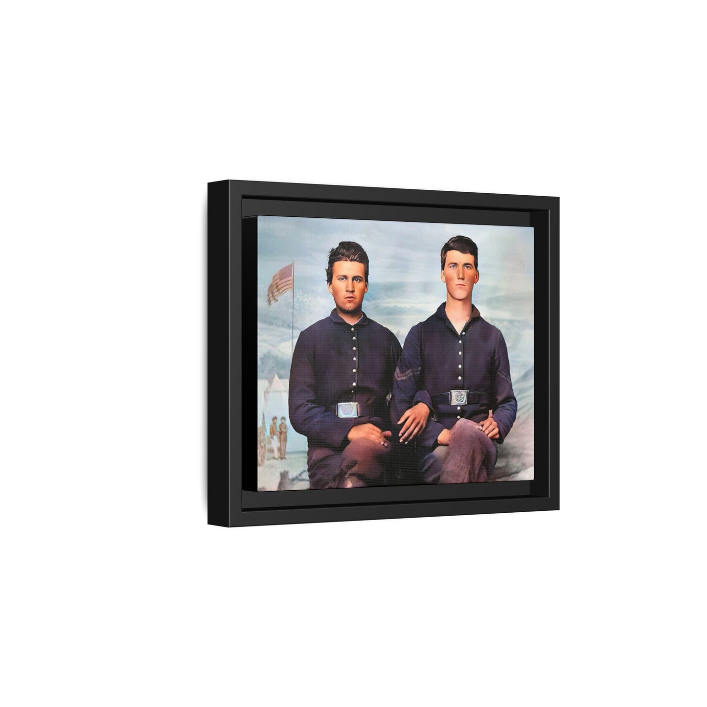 A framed vintage Civil War photo on matte canvas featuring two Union soldiers at Camp Curtin, honoring military history. Gay Couple