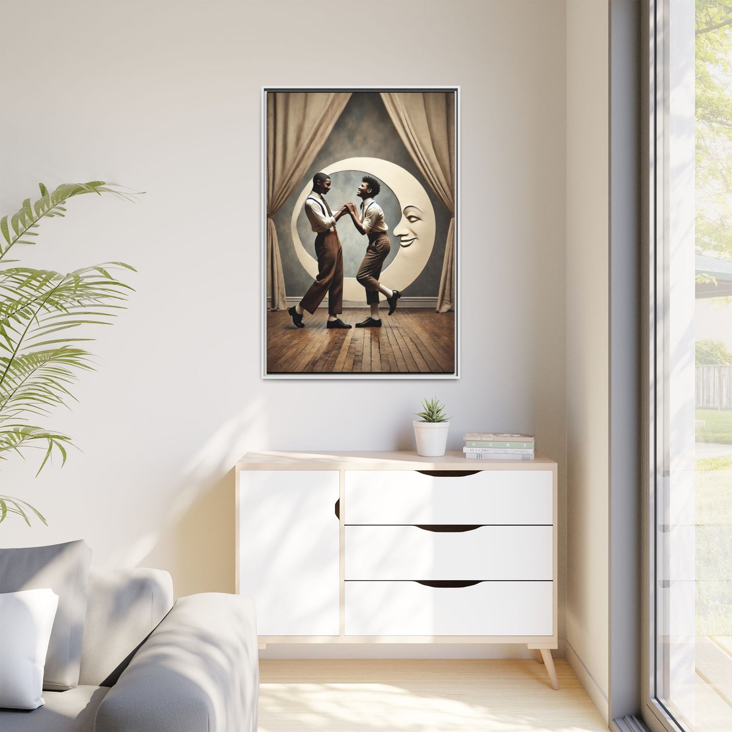 Two joyful young Black men dressed in 1920s fashion dancing in front of a crescent moon prop with a smiling face. This artwork reclaims erased queer love, offering a whimsical and powerful celebration of Black LGBTQ+ youth and history.