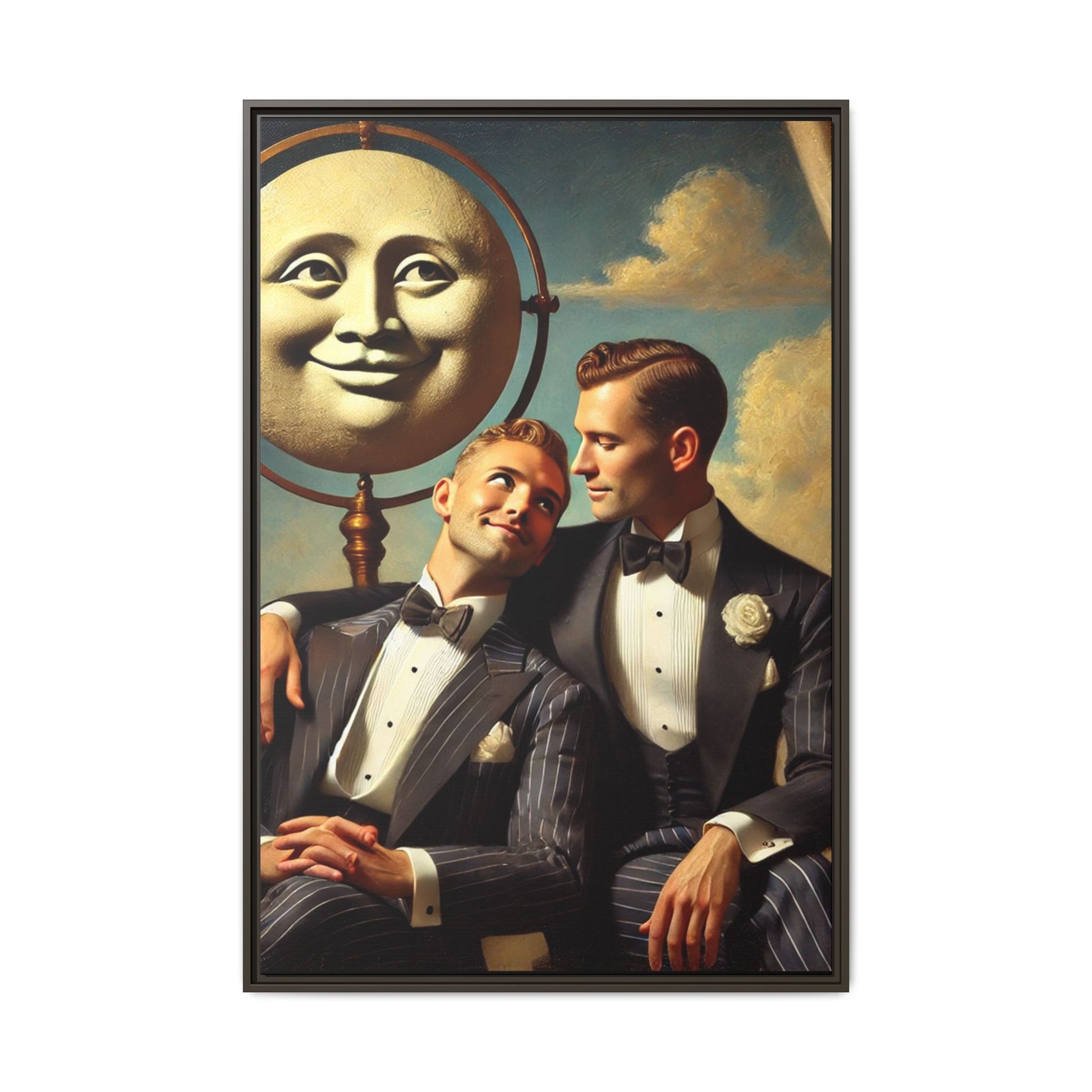 Framed matte canvas portrait featuring two young men in vintage overalls with a crescent moon prop above them. This artwork from the Missing Art Studies series reclaims LGBTQ+ imagery that may have been lost to bias, presenting warmth, intimacy, and presence.