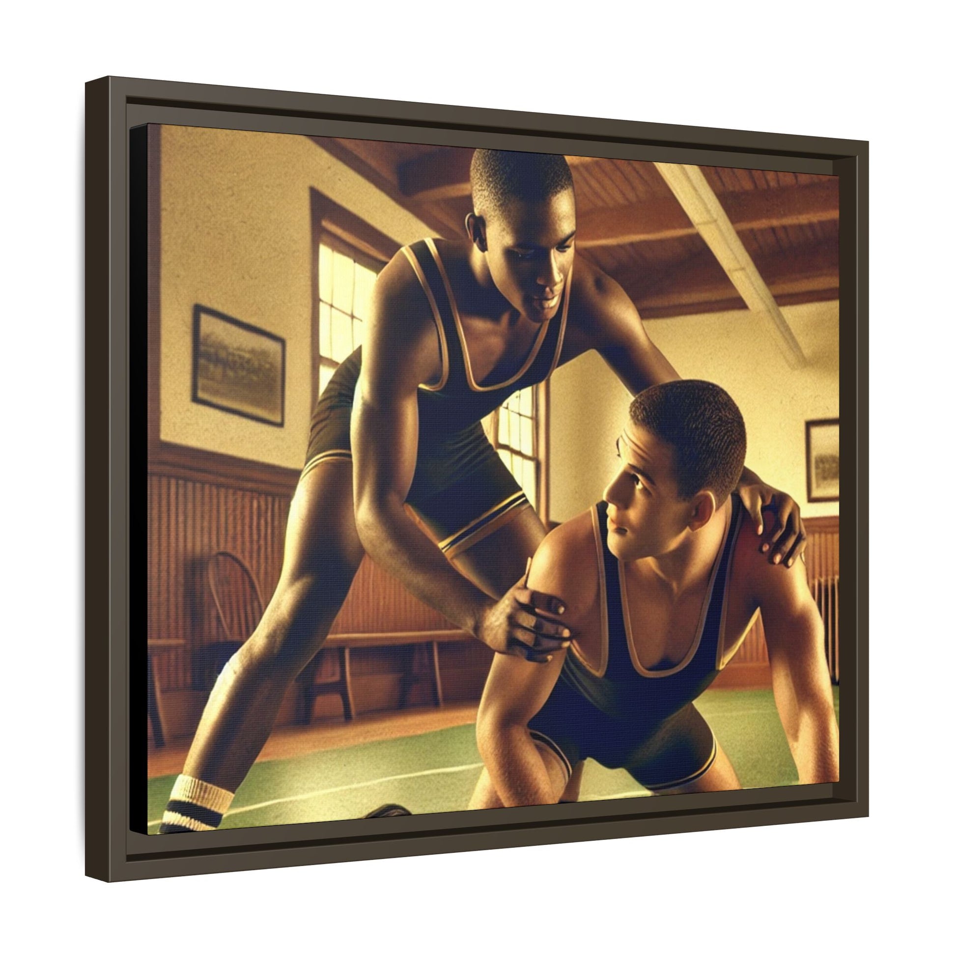Framed canvas artwork inspired by Grant Wood featuring African-American and European-American wrestlers in a vintage gymnasium. A tribute to unity, diversity, and regionalist art.