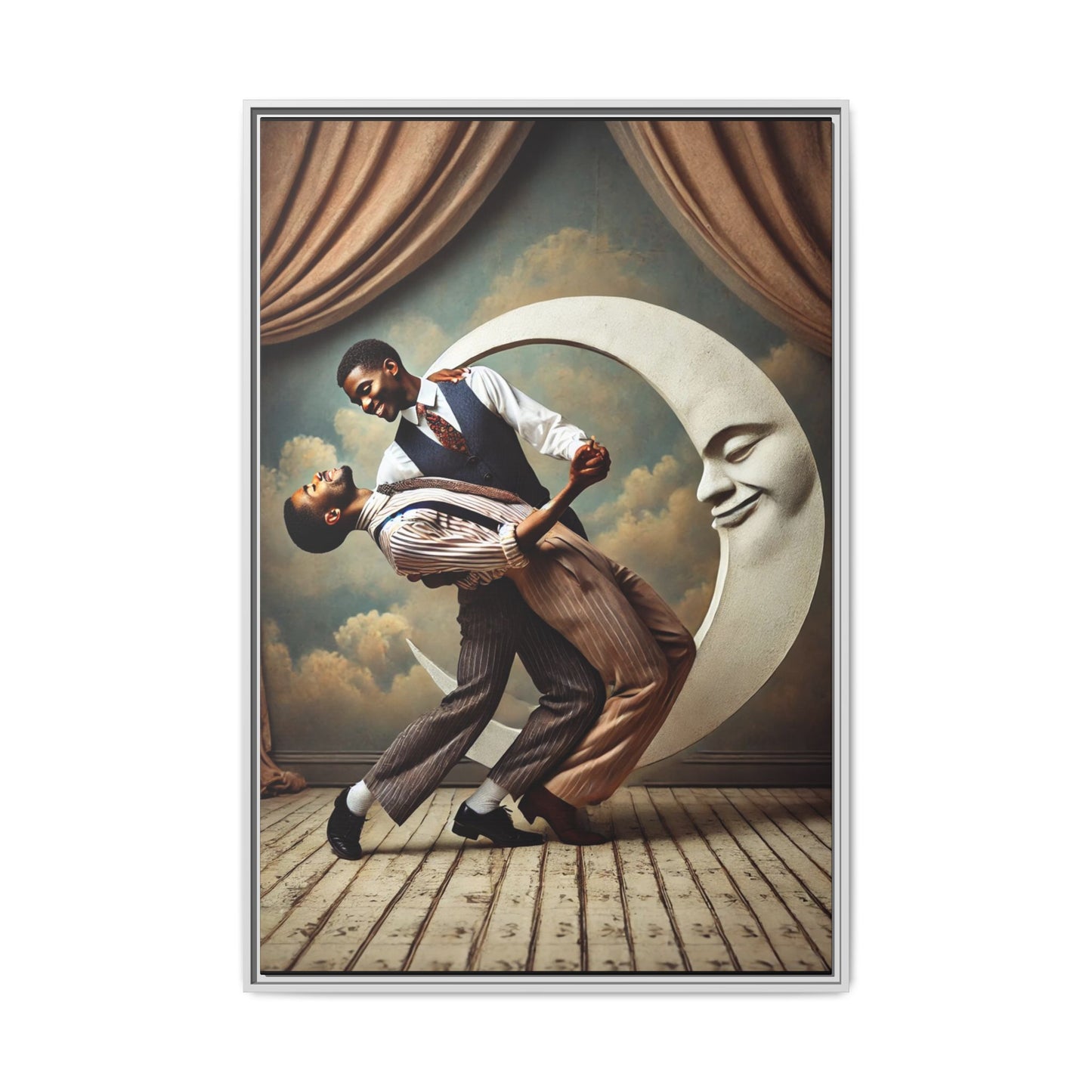 Framed artwork of two Black men in vintage suits dancing tenderly beneath a crescent moon with a smiling face. A romantic 1920s-inspired scene with velvet curtains and a painted sky backdrop. Part of a collection reclaiming lost queer Black history and art.